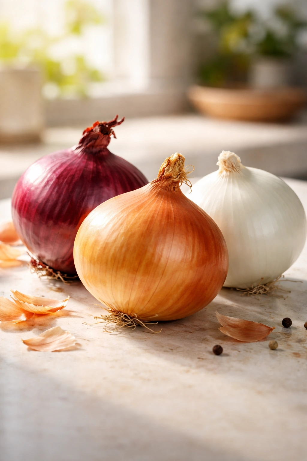 Assorted yellow, red, and white onions on a clean surface
