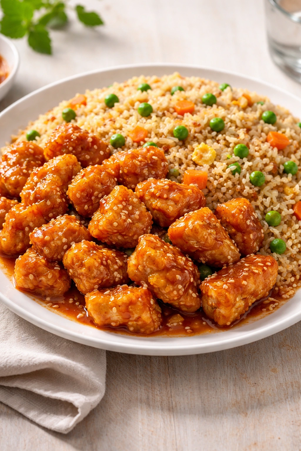 Crispy orange chicken with fried rice and vegetables on a plate