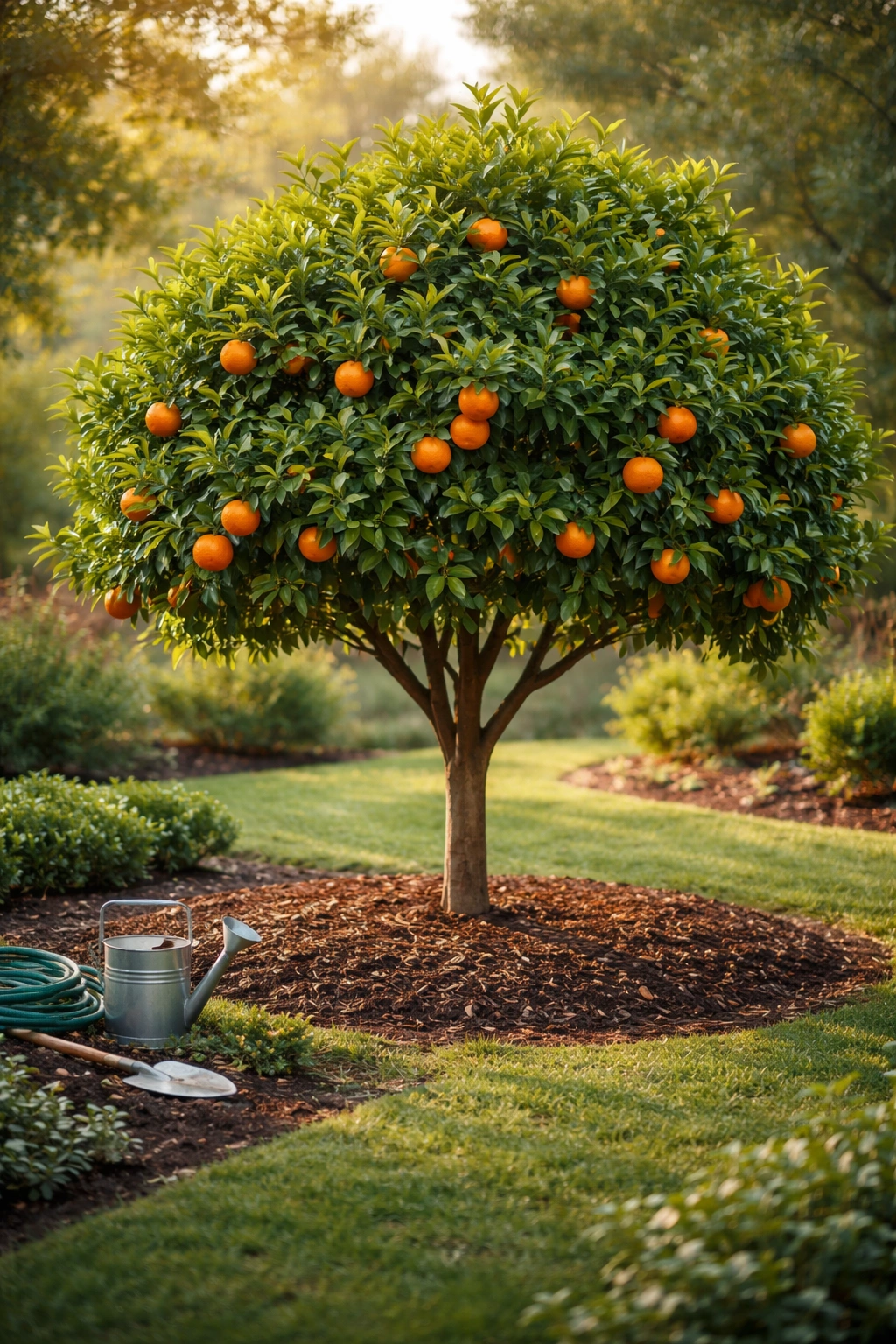Healthy orange tree with pruned canopy and mulched root zone in a garden