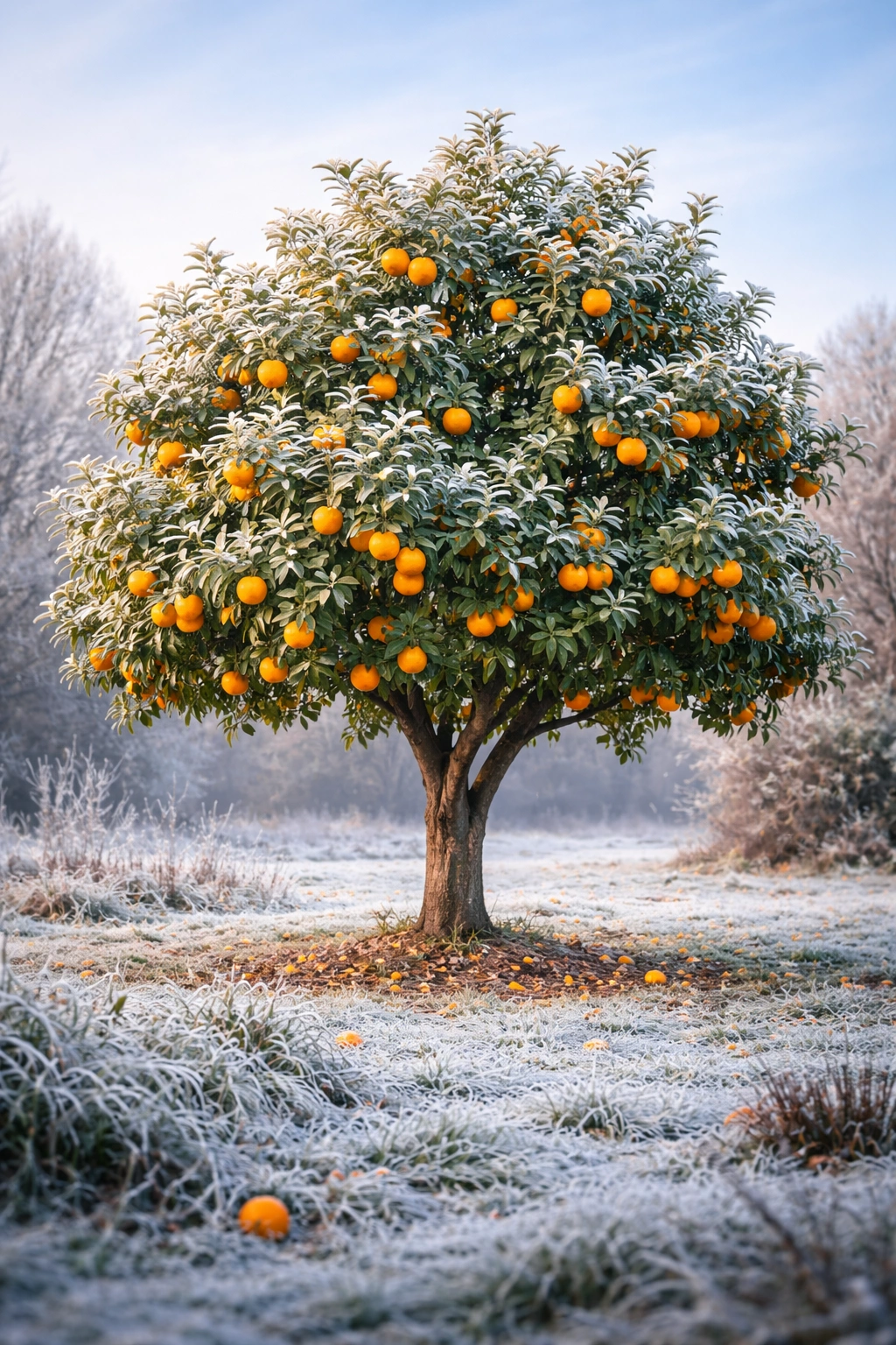 Orange tree with ripe fruit in a frost-covered winter landscape