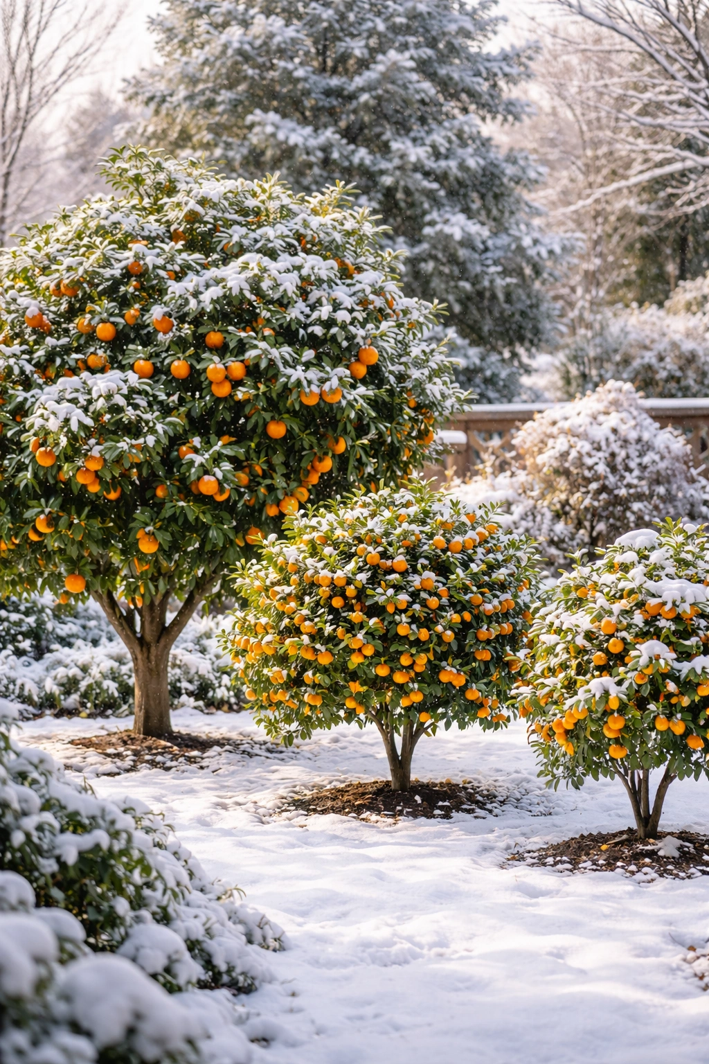 Three orange trees in a snowy garden showing variety differences in cold hardiness