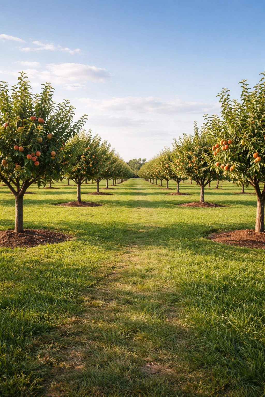 Neatly spaced orchard row in an open field illustrating layout and spacing
