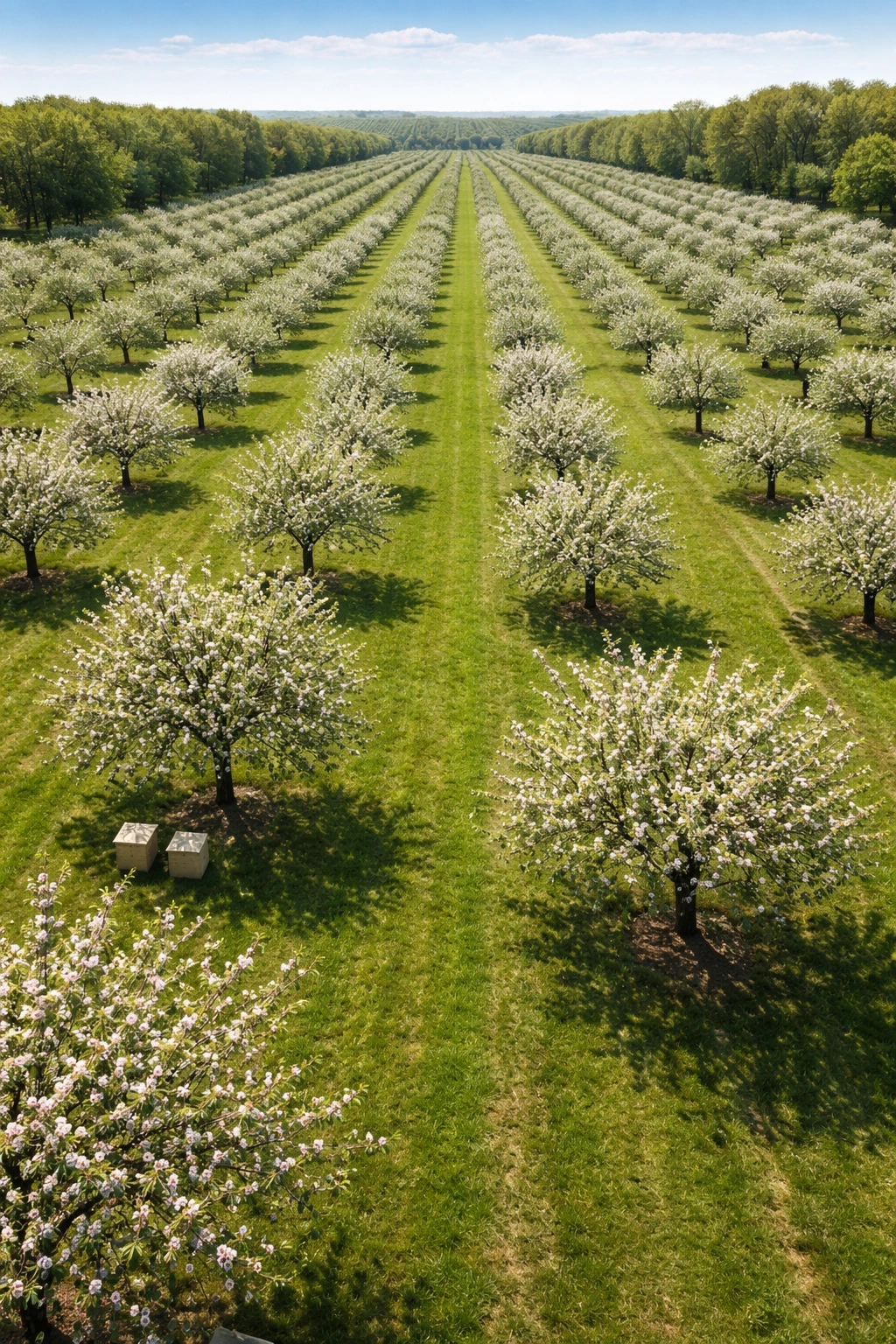 Orchard layout with evenly spaced apple trees in rows for cross-pollination