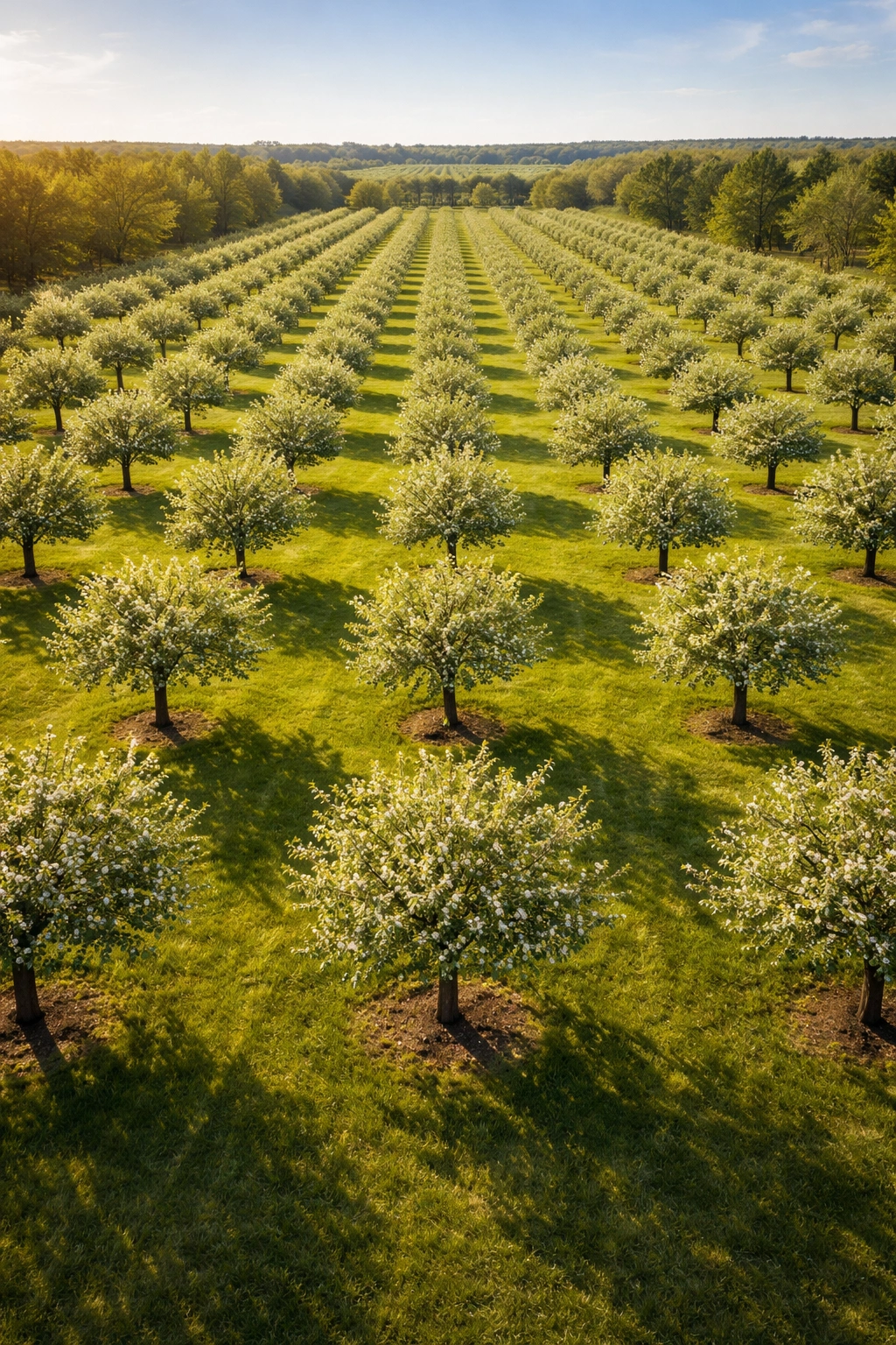 Aerial view of an orchard with evenly spaced apple trees