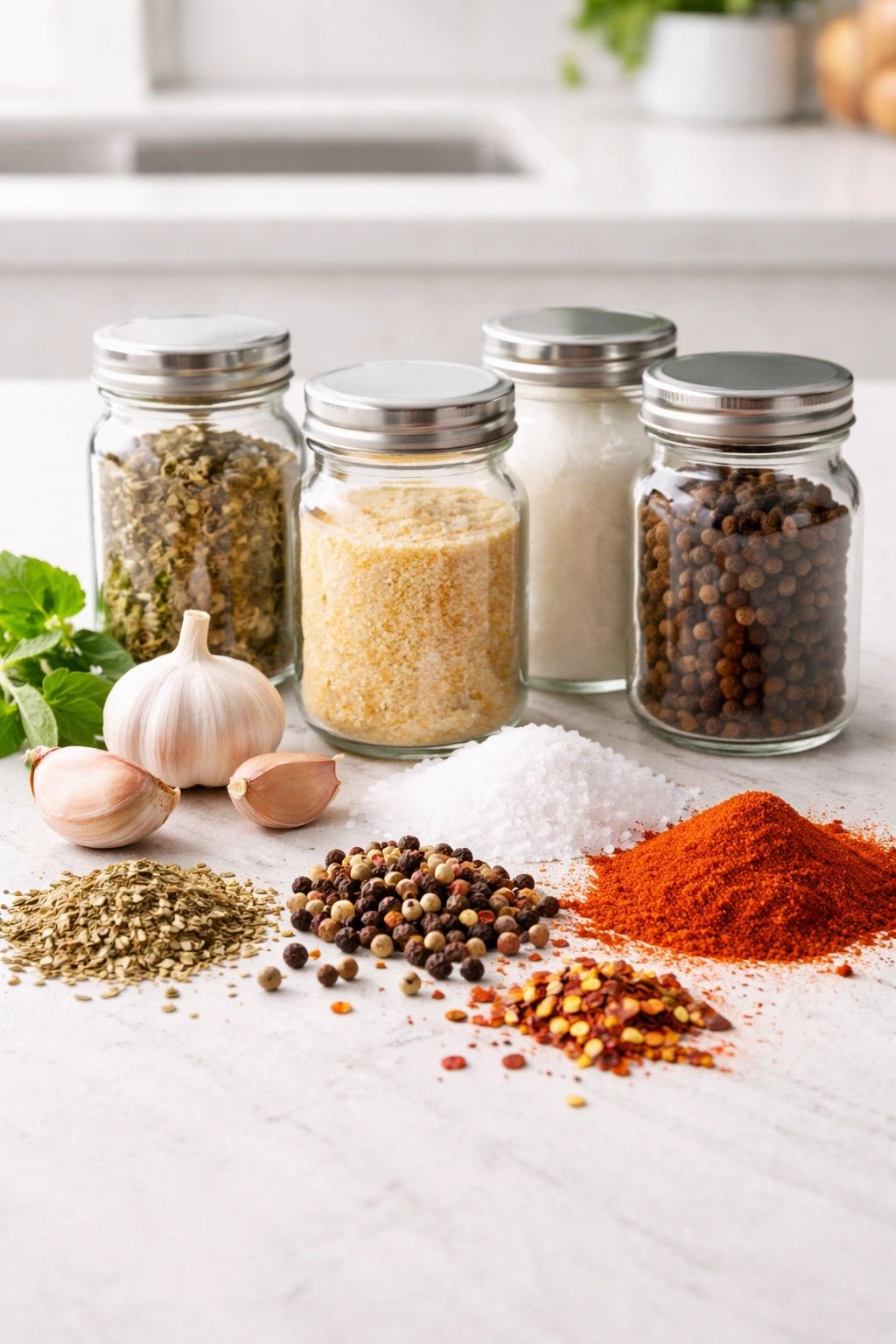 Assorted unlabeled spices and seasonings for sausage and peppers