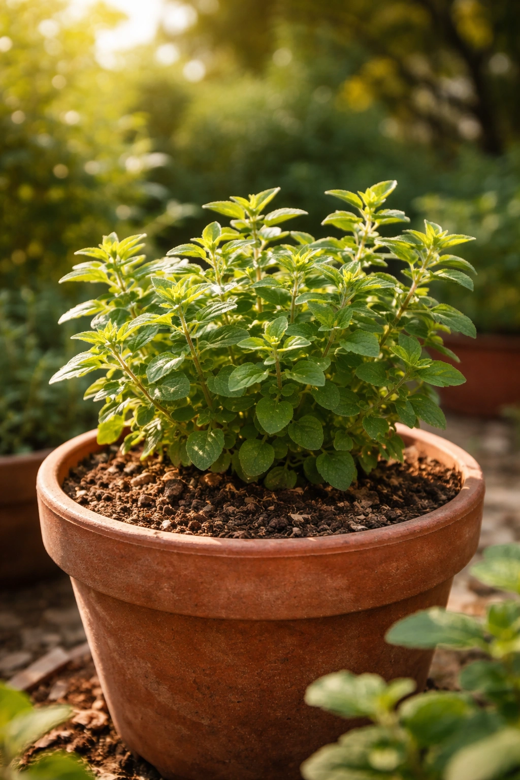 Oregano in a pot with moderately dry topsoil illustrating balanced watering