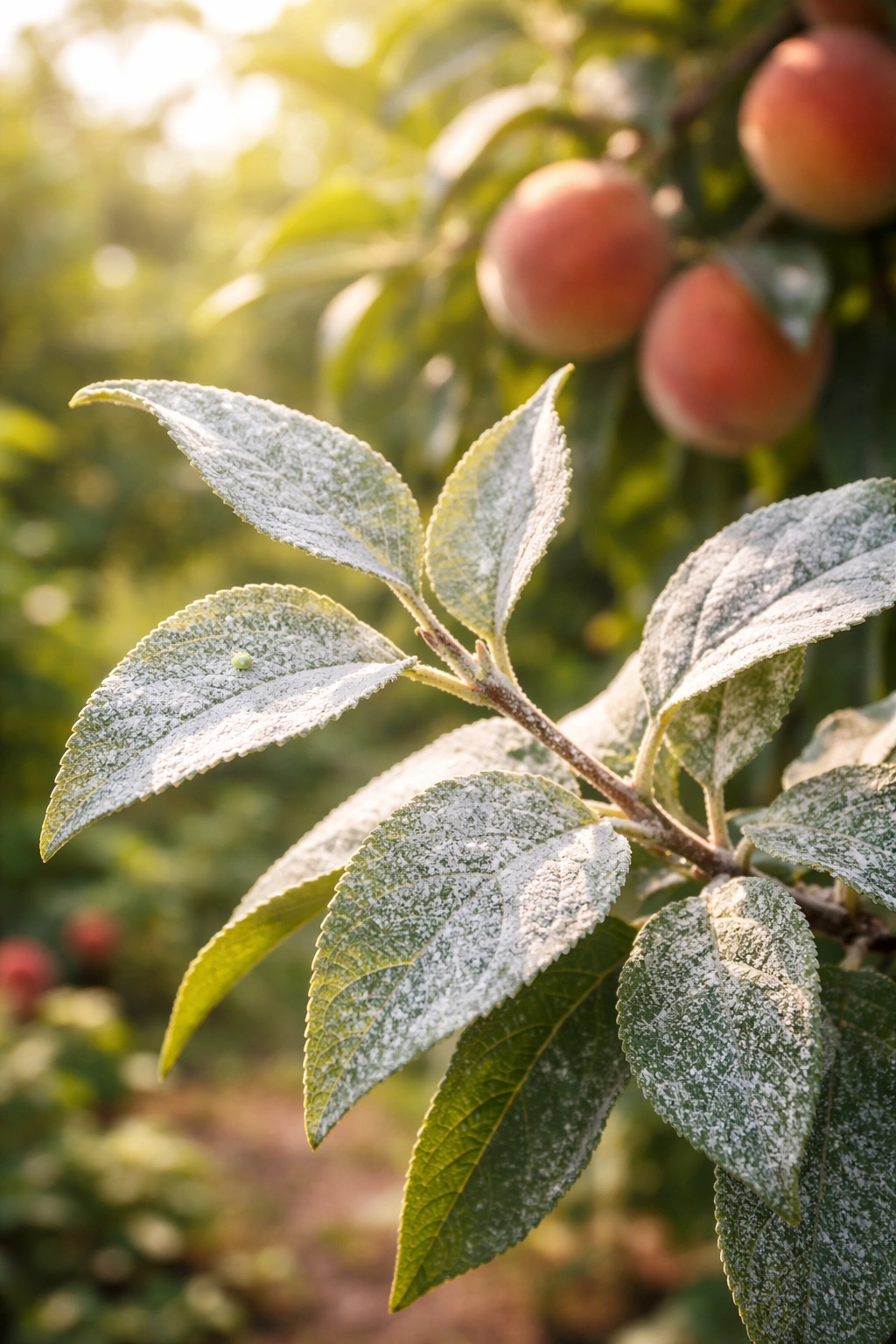 Leaves with white kaolin coating providing organic pest protection