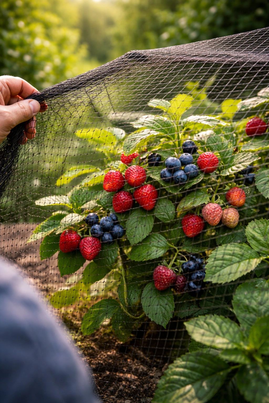 Berry plant under protective netting to deter pests