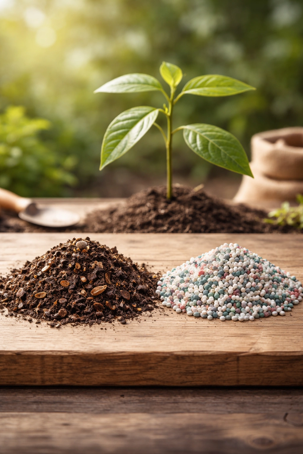 Side-by-side organic compost and synthetic fertilizer with avocado seedling