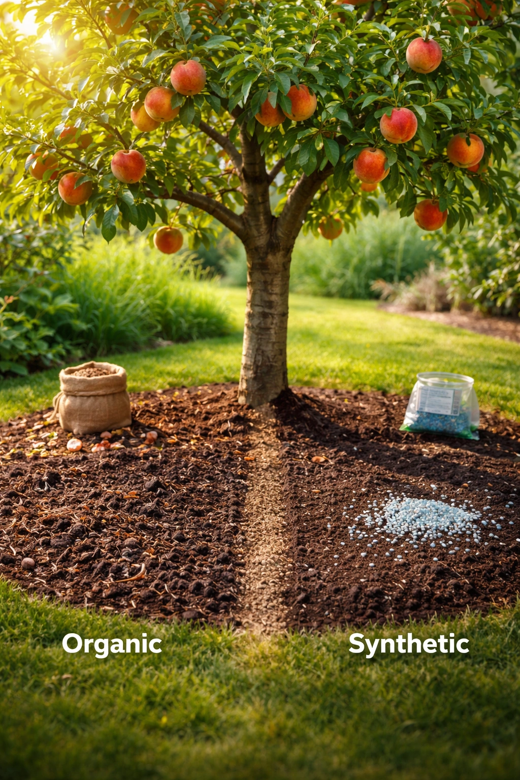 Fruit tree with organic mulch on one side and granular soil on the other
