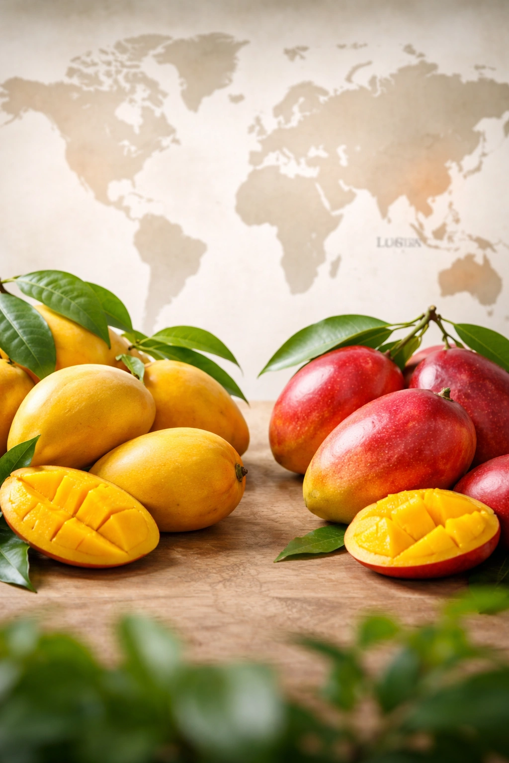 Yellow and red mangoes with a faint map backdrop suggesting origins