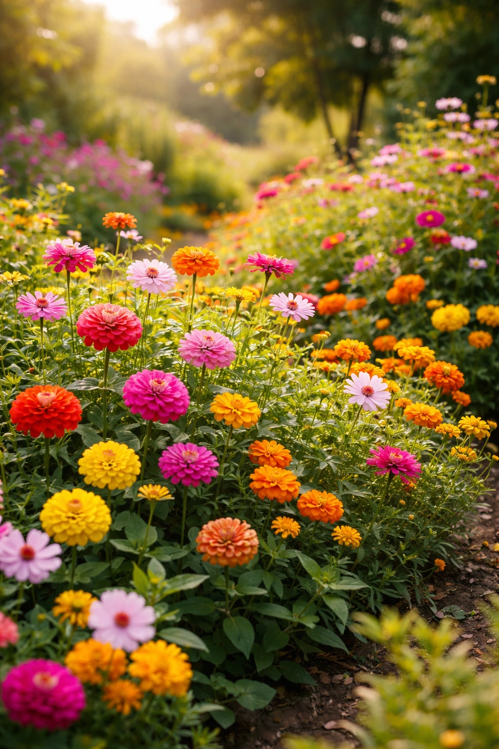Vibrant bed of zinnias, cosmos, and marigolds in late-summer sunlight