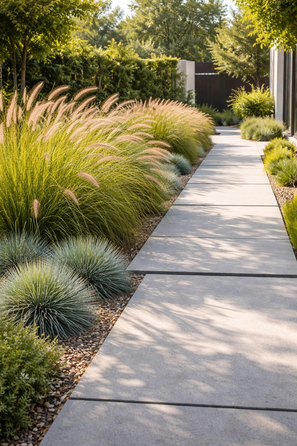 Border of ornamental grasses with fountain grass and blue fescue along a modern walkway.