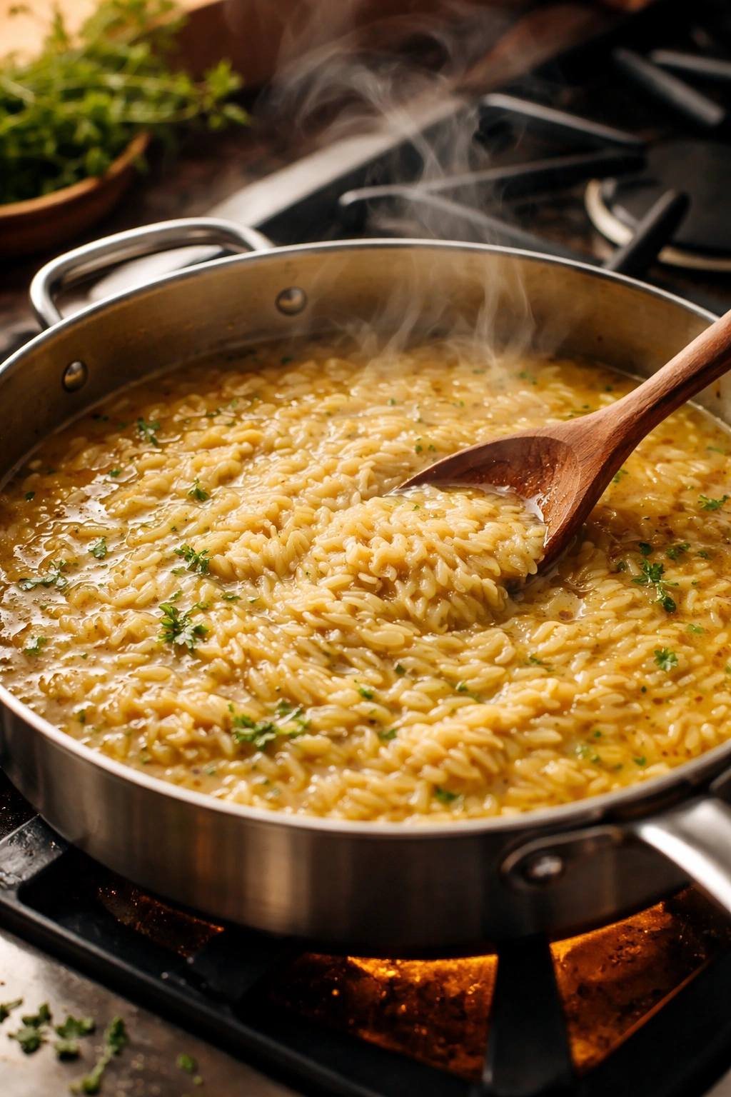 Orzo simmering in broth forming creamy sauce in a pot