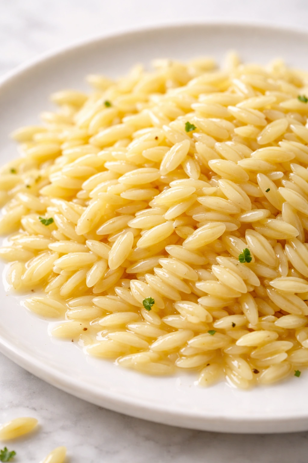 Glossy cooked orzo grains on plate highlighting pasta texture