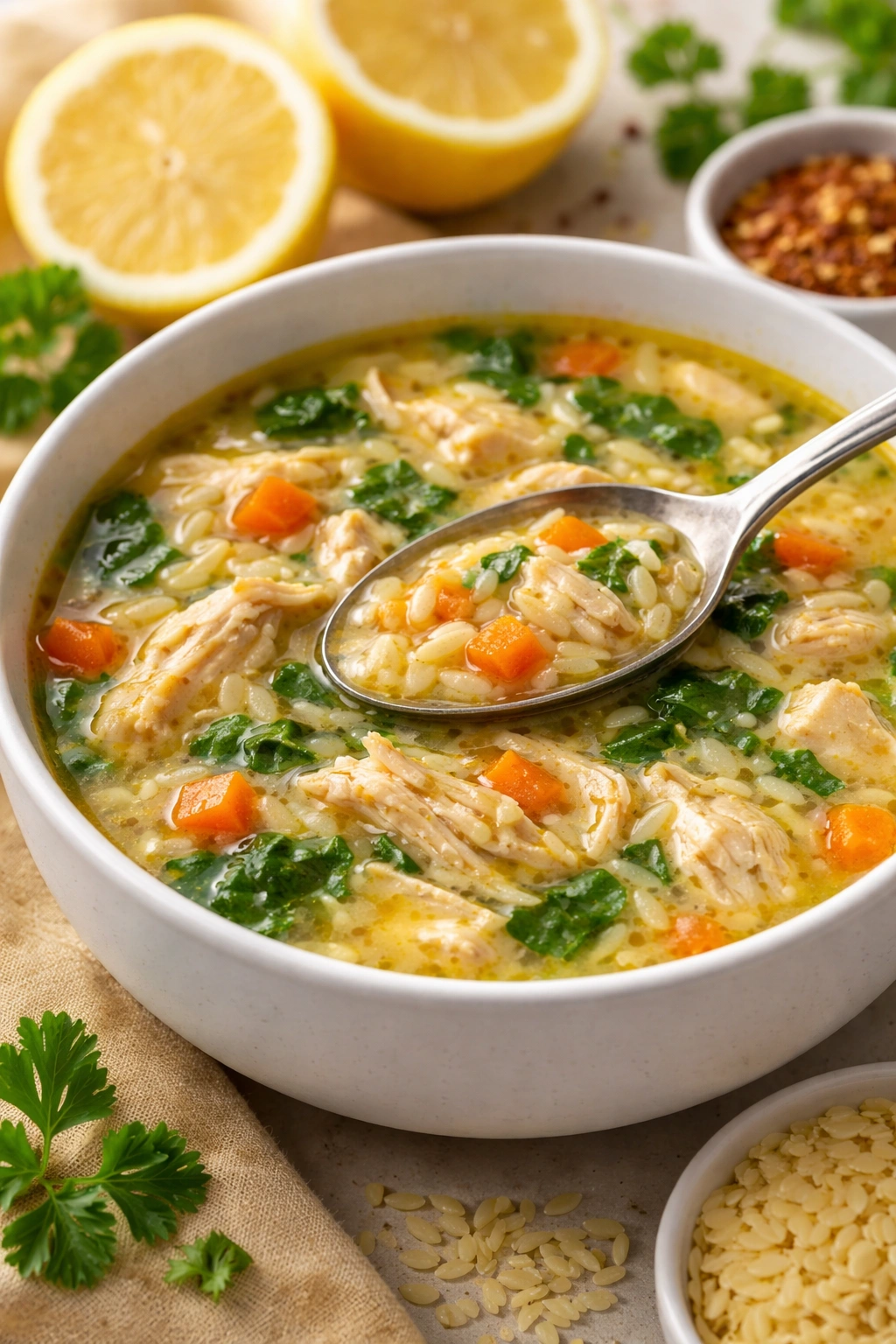 Soup bowl showing orzo pasta for the perfect bite