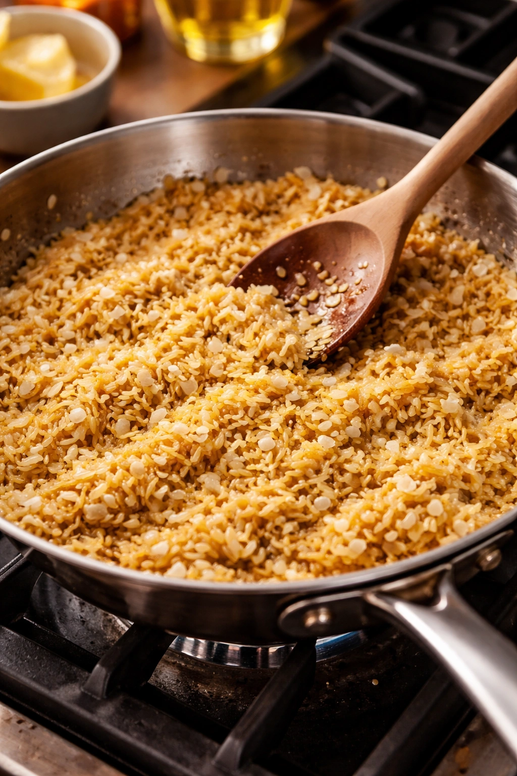 Toasted orzo in butter with onion bits.