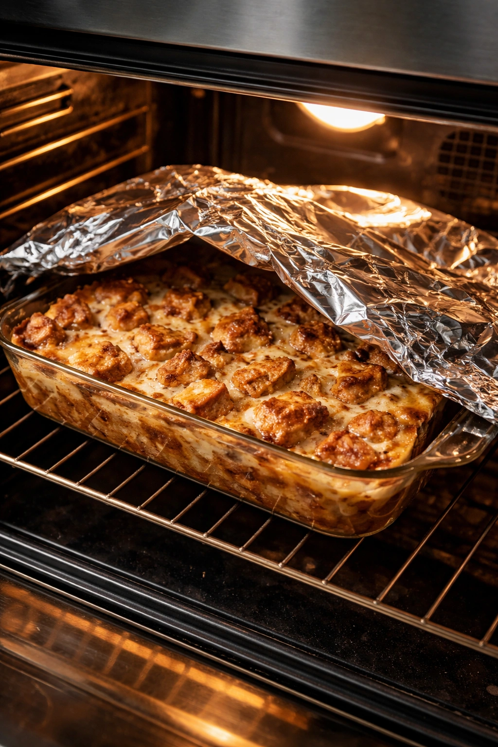 Casserole browning in oven with foil tent
