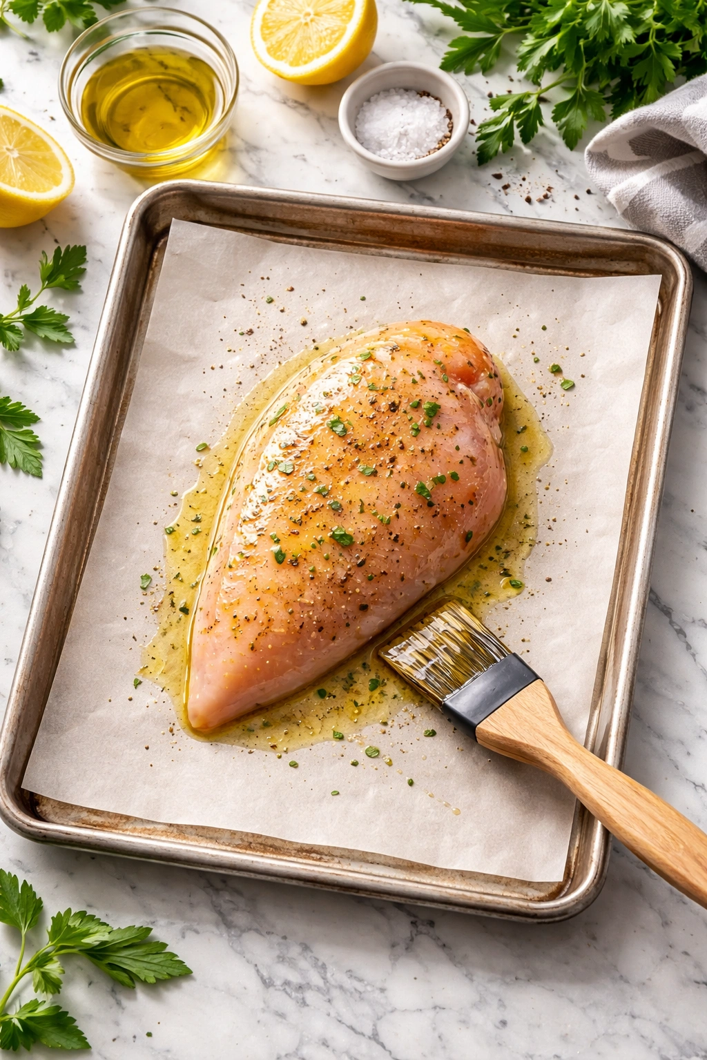 Chicken breast prepared for oven bake on parchment lined sheet.