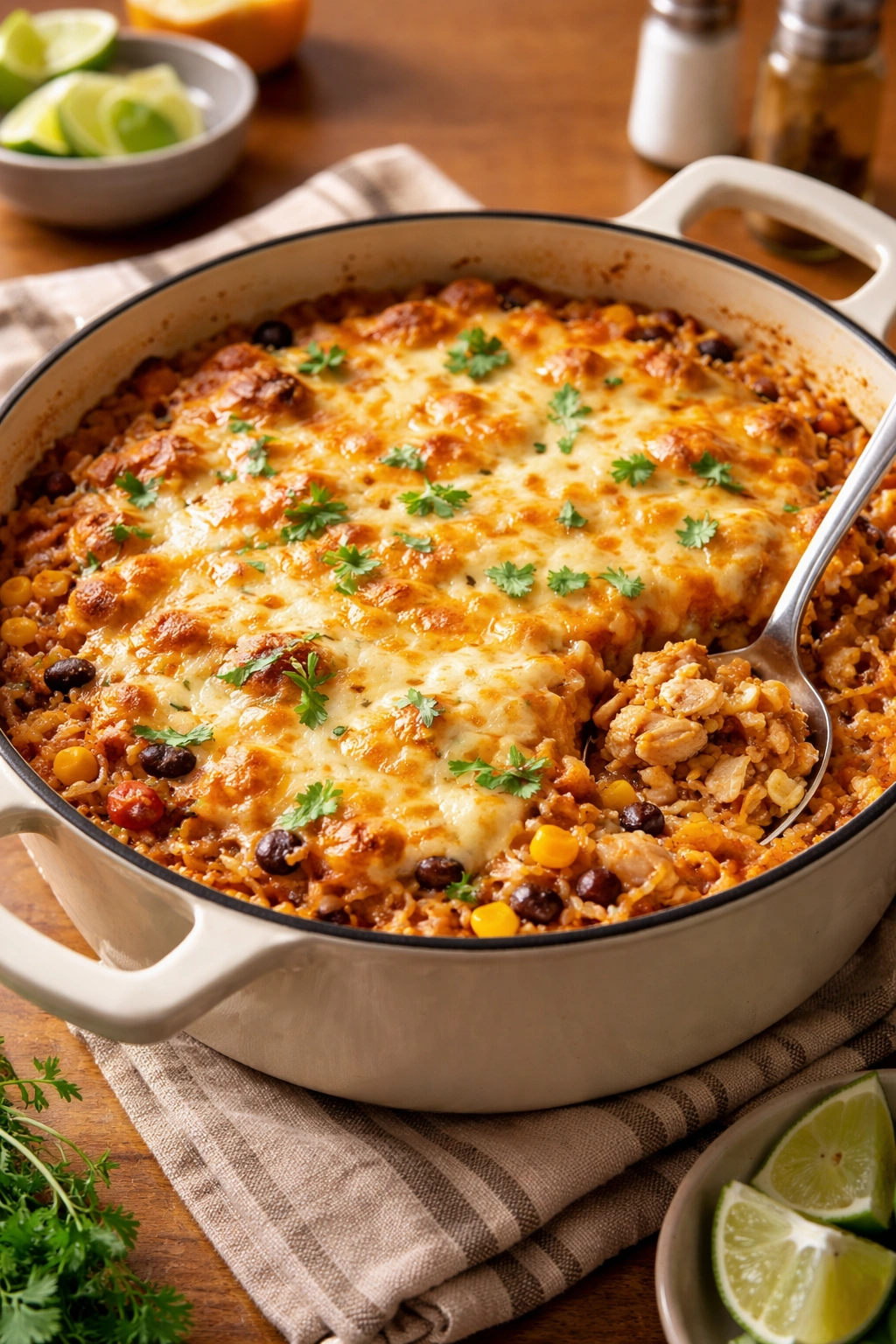 Casserole-style oven-baked dish with cheese topping fresh from oven