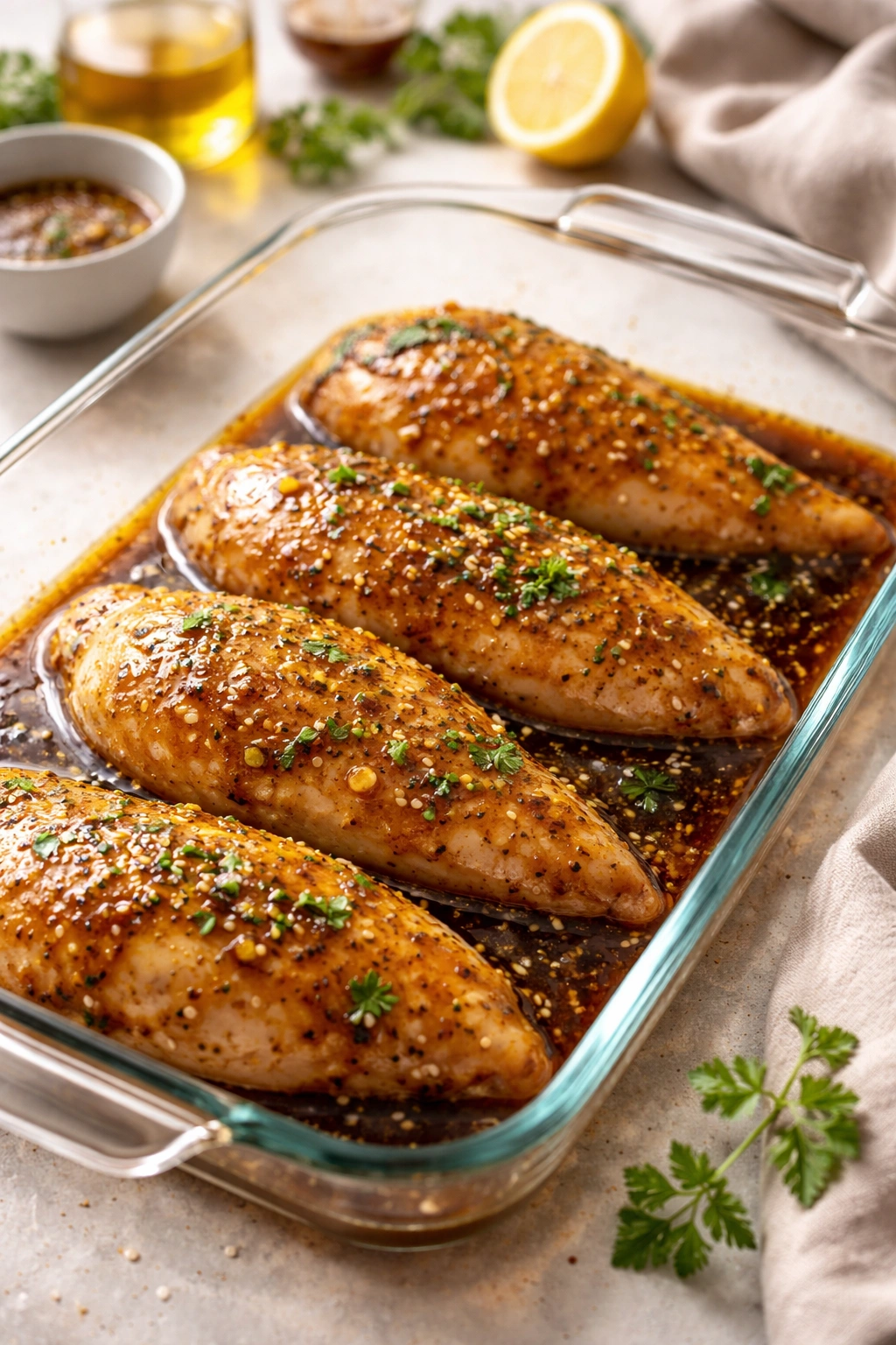 Marinated chicken breasts in a glass baking dish ready to bake on a kitchen counter