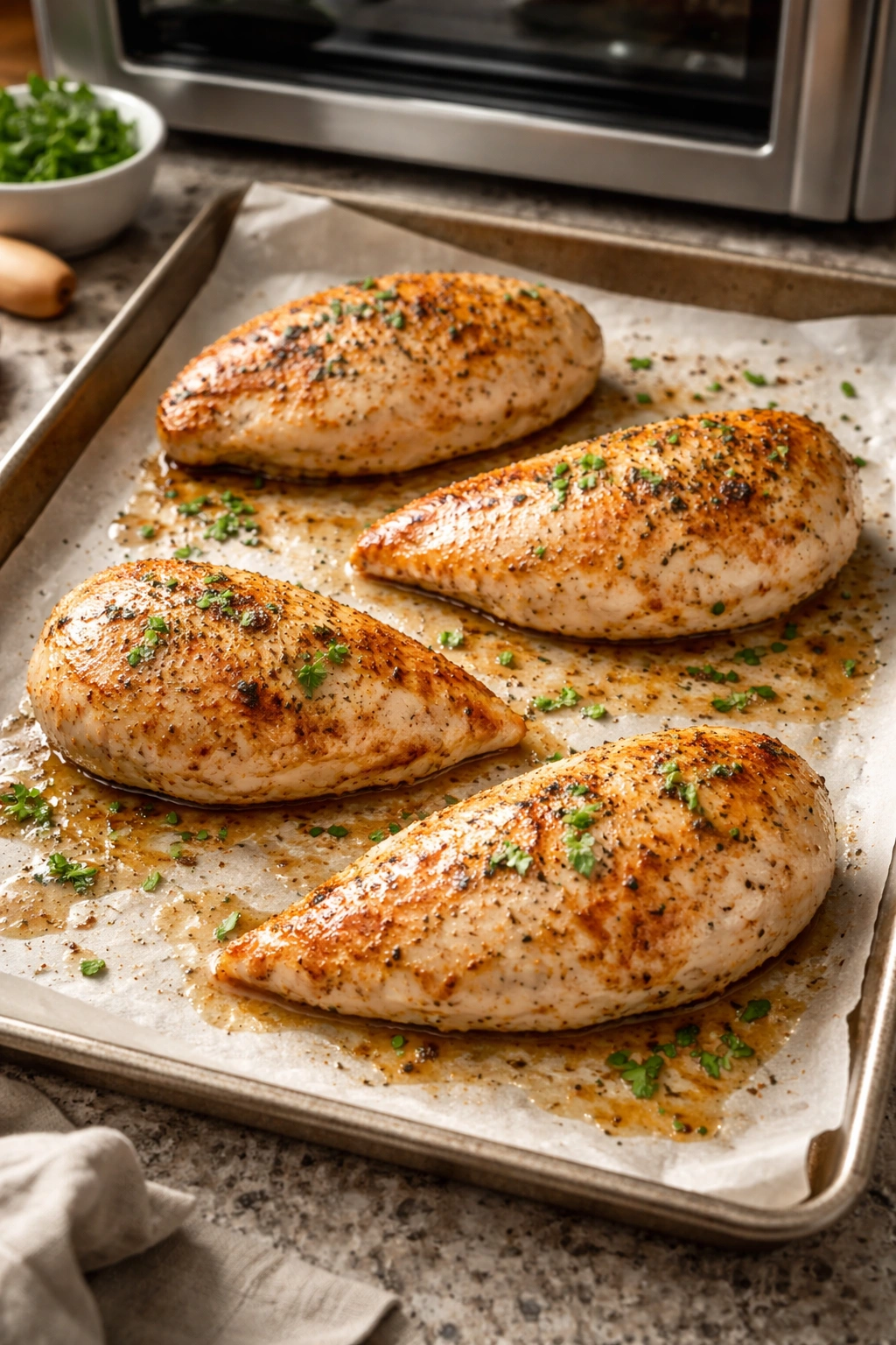 Juicy oven-baked chicken breasts on parchment with golden edges