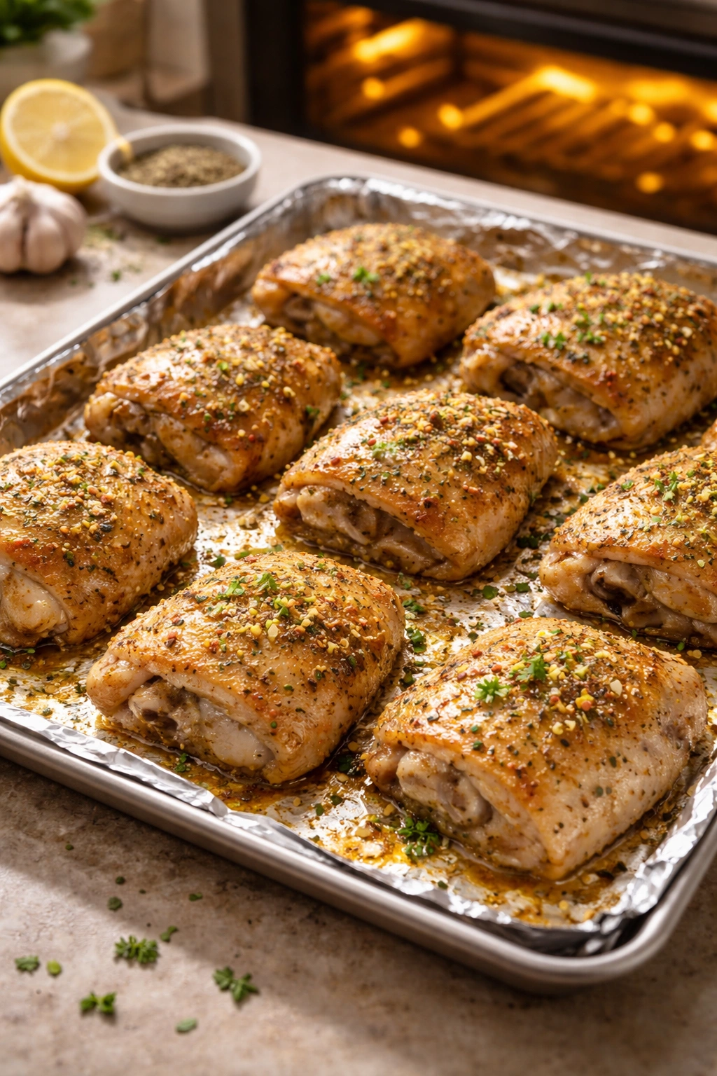 Top-down view of oven-baked chicken thighs on foil-lined sheet