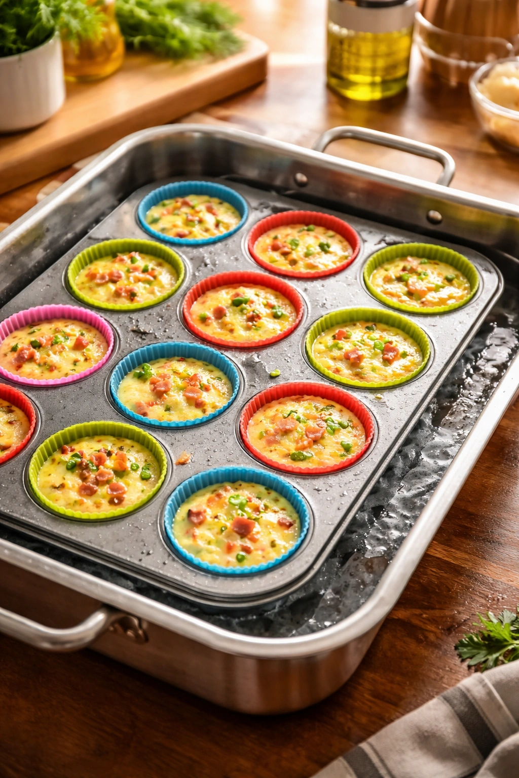 Muffin tin with egg mixture in water bath