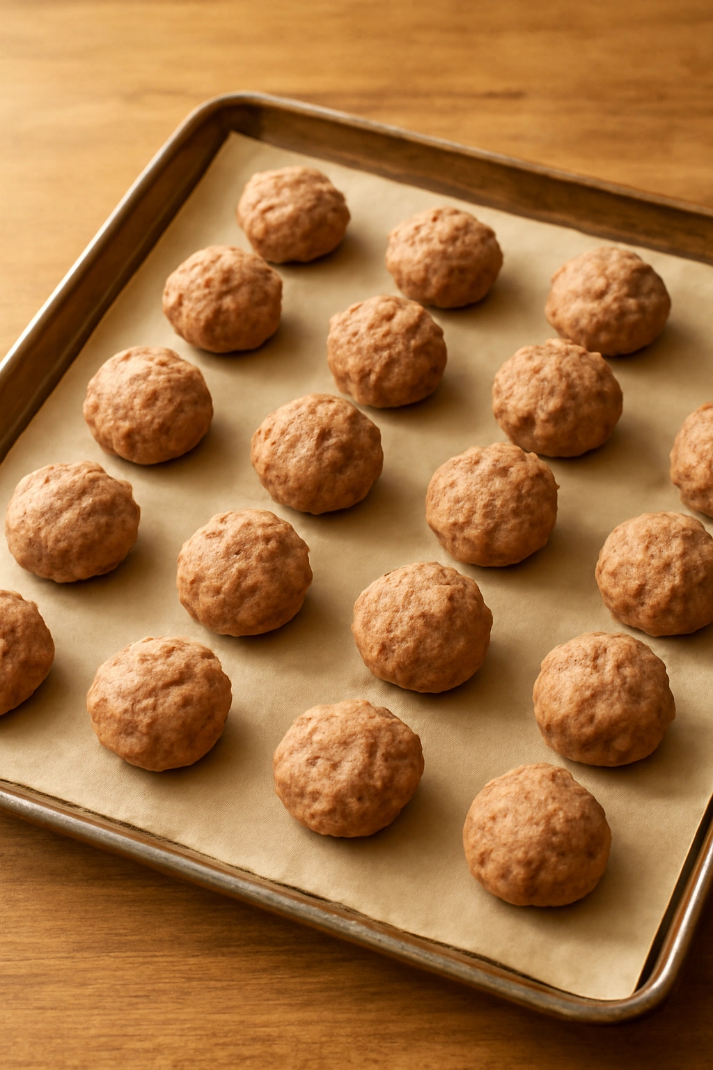 Oven-ready meatballs on parchment-lined sheet