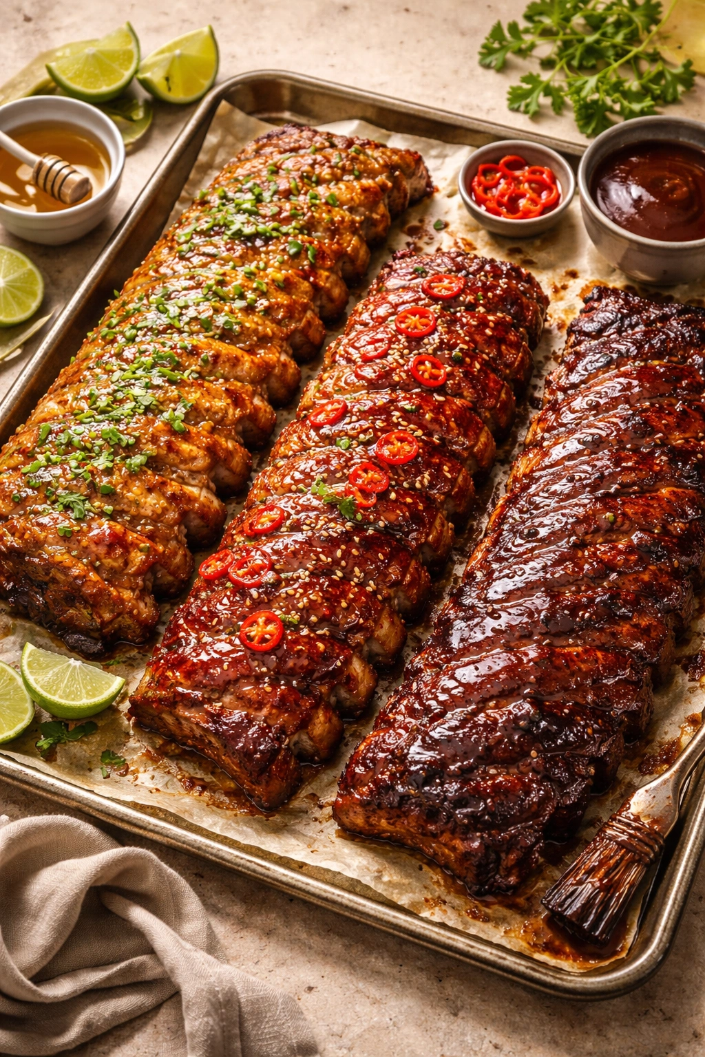 Three pork rib slabs with honey-lime, sriracha, and bourbon BBQ glazes on parchment paper
