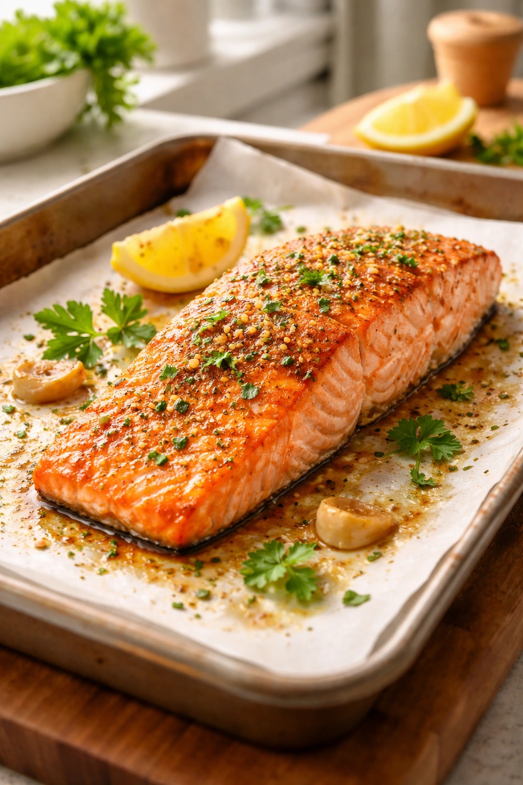 Oven-baked salmon fillet with golden crust on parchment on a baking sheet