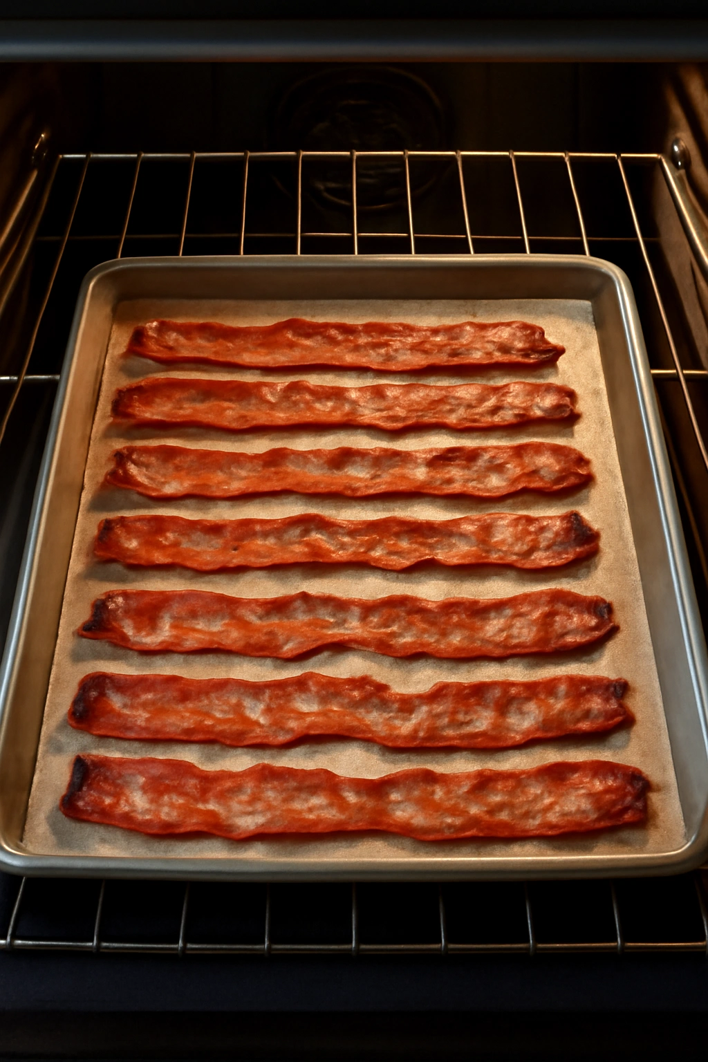 Oven-baked bacon on a lined sheet inside an oven, evenly spaced strips crisping