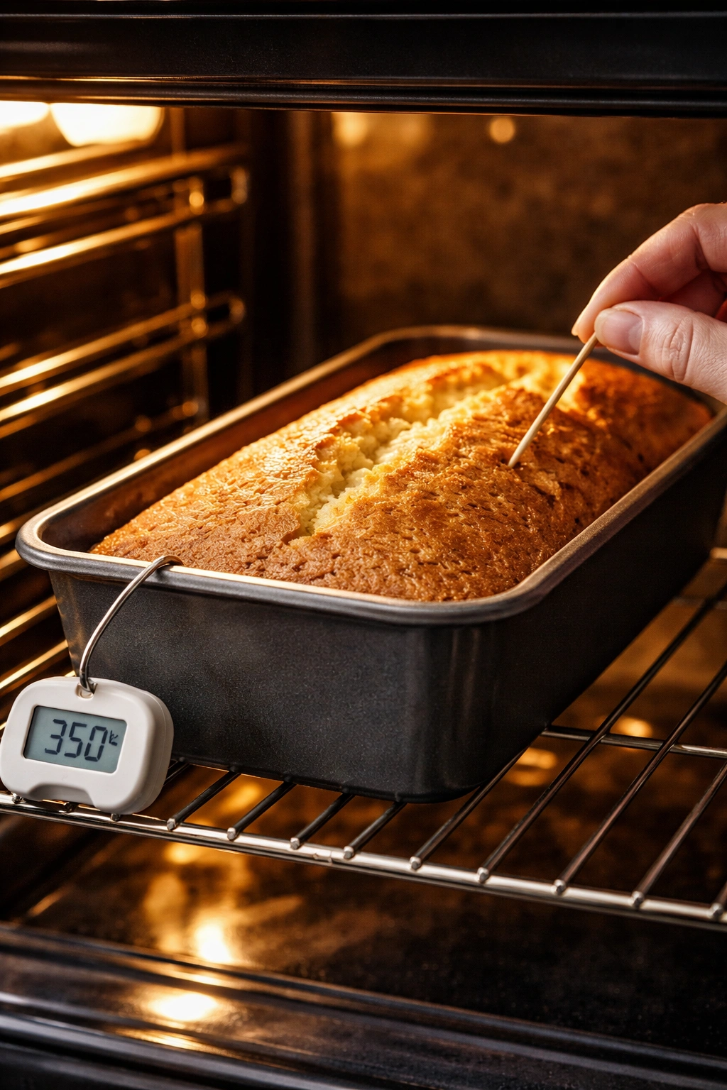 Loaf pan baking in an oven with warm light