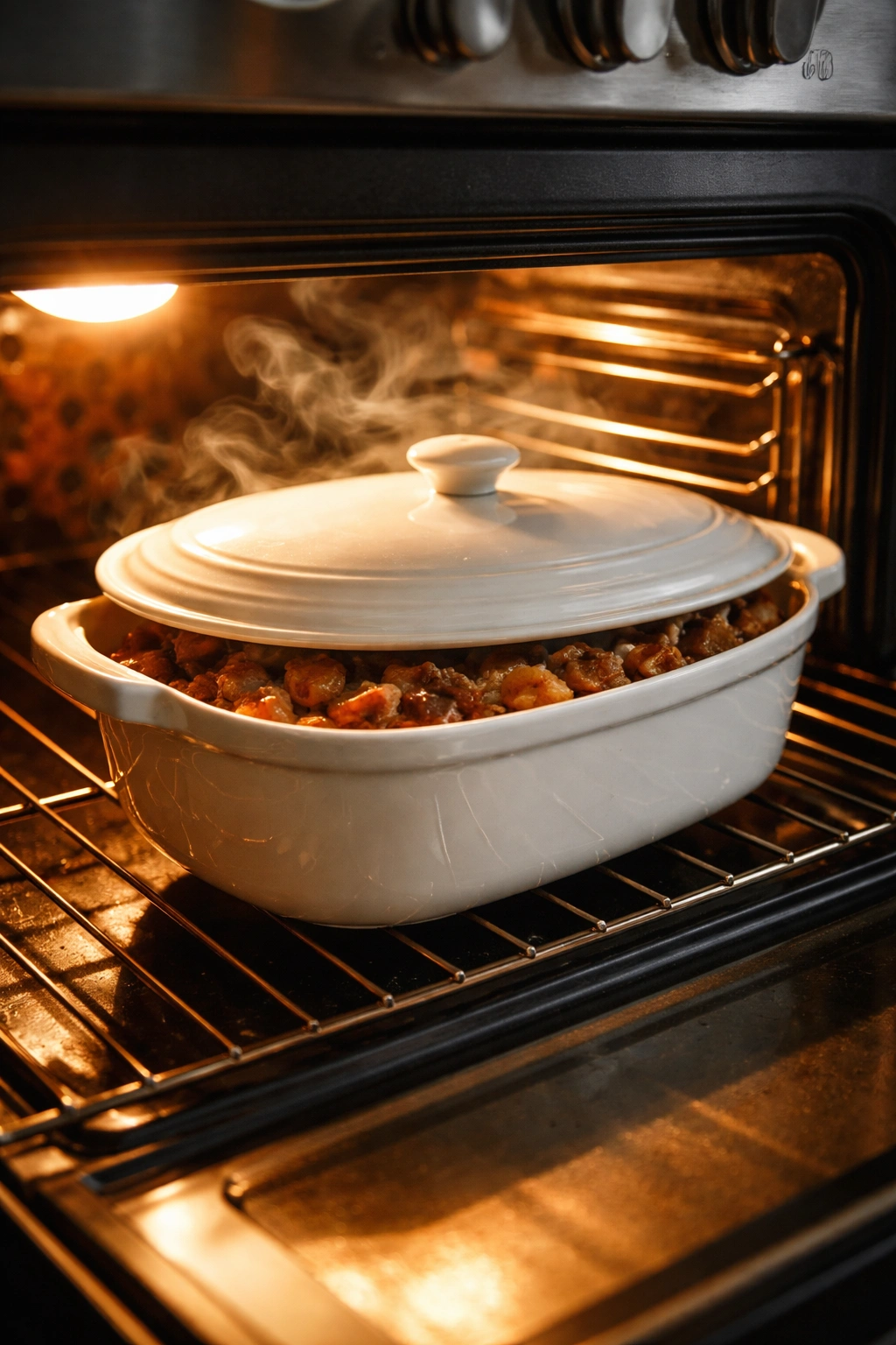 Covered casserole baking in the oven with gentle steam and warm light.