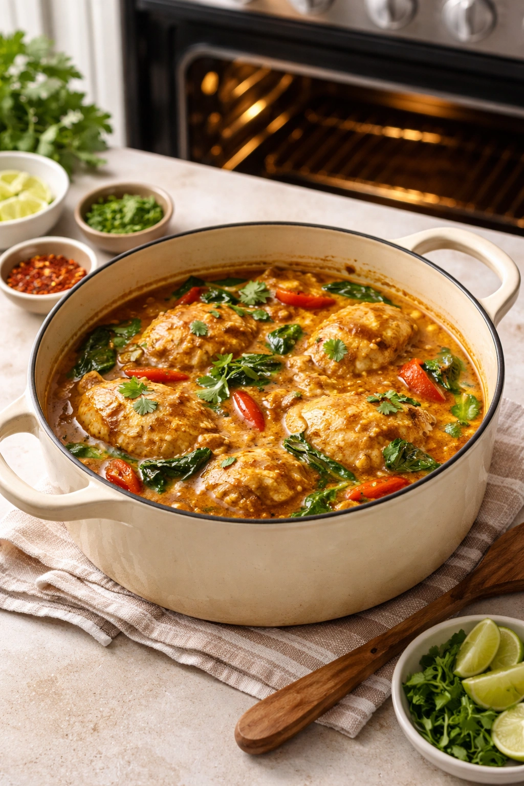 Dutch oven with braising chicken in curry sauce