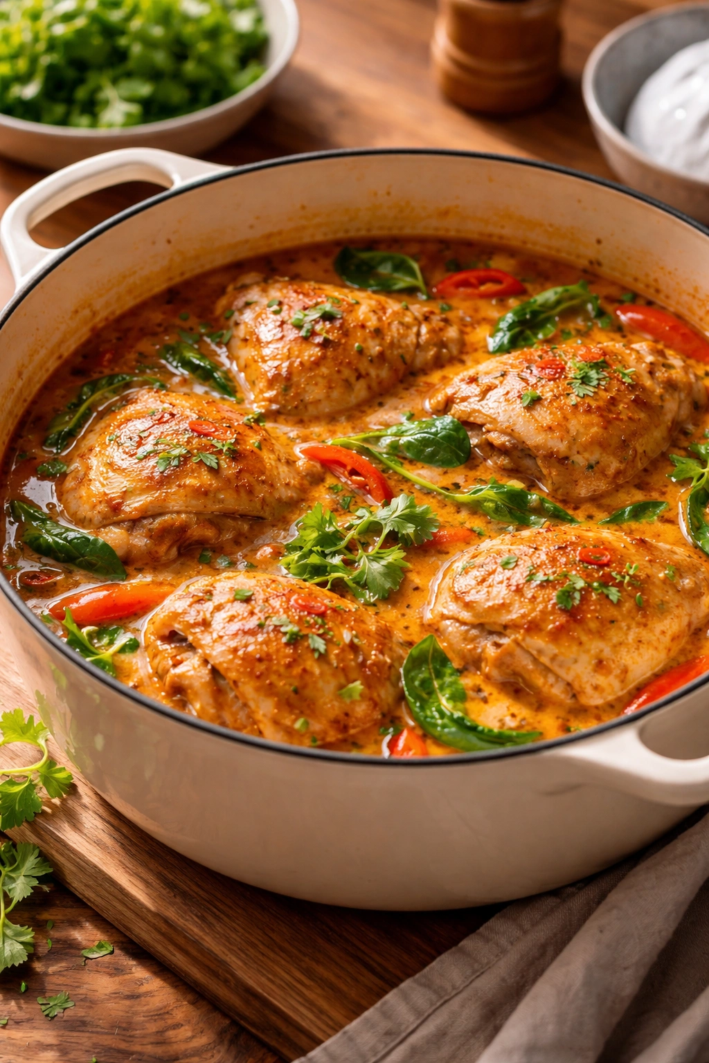 Chicken thighs braising in coconut curry sauce in a Dutch oven