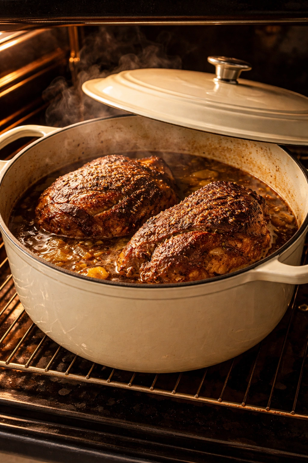 Pork shoulder braising in a Dutch oven with broth in a warm kitchen