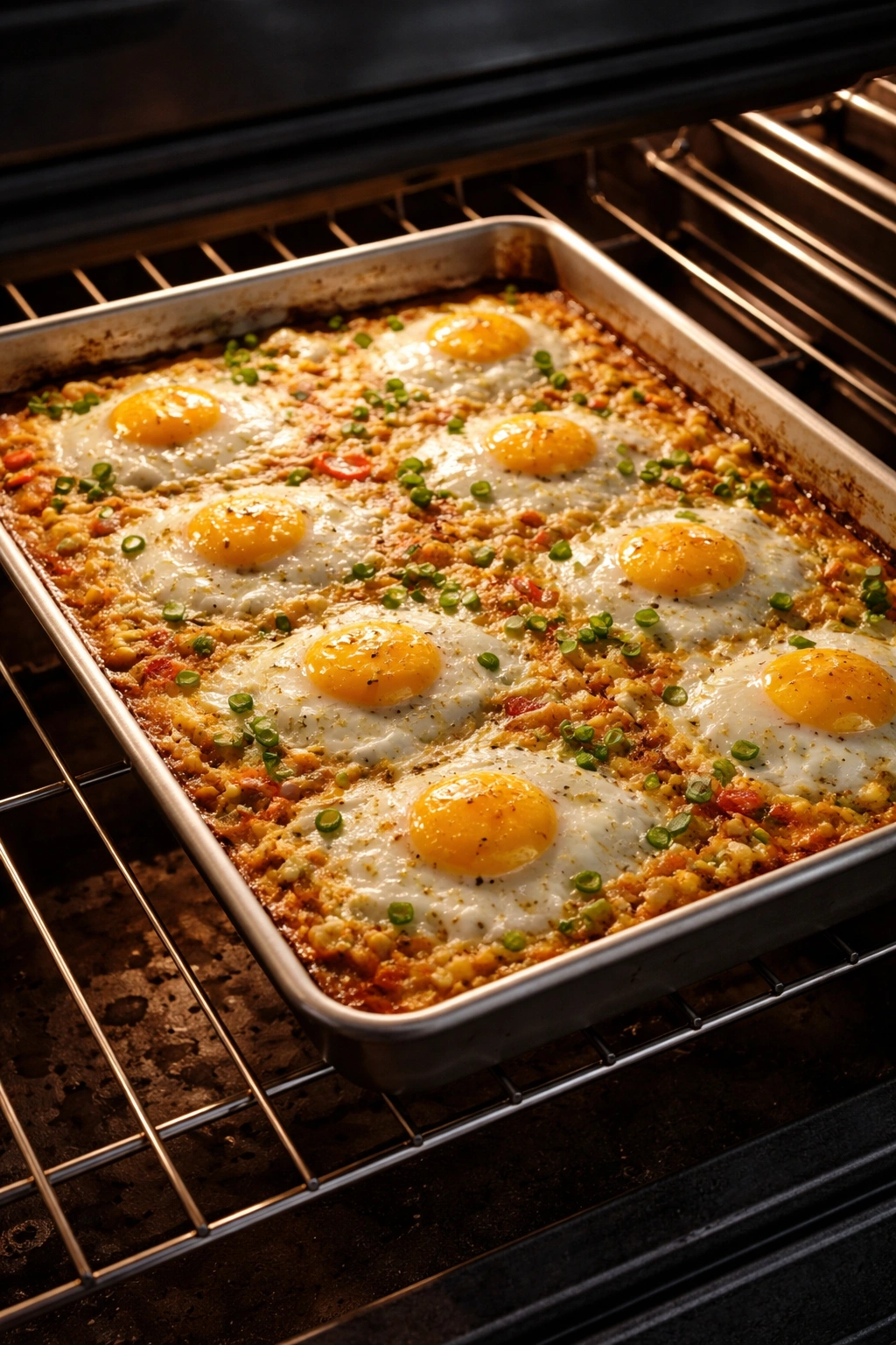 Sheet pan eggs in oven showing golden edges and set center