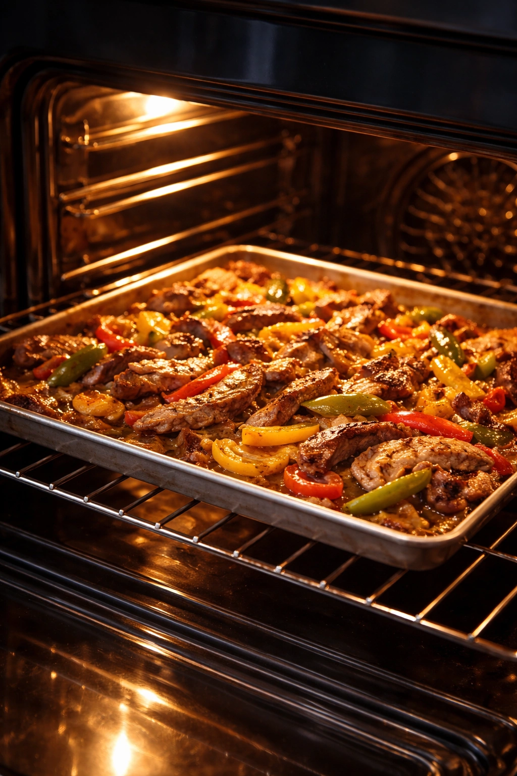 Fajitas roasting on a sheet pan with caramelized edges in a hot oven.