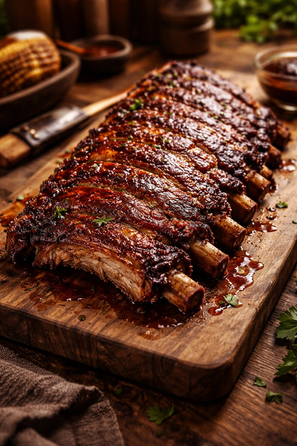Ribs with deep caramelized crust on wooden board