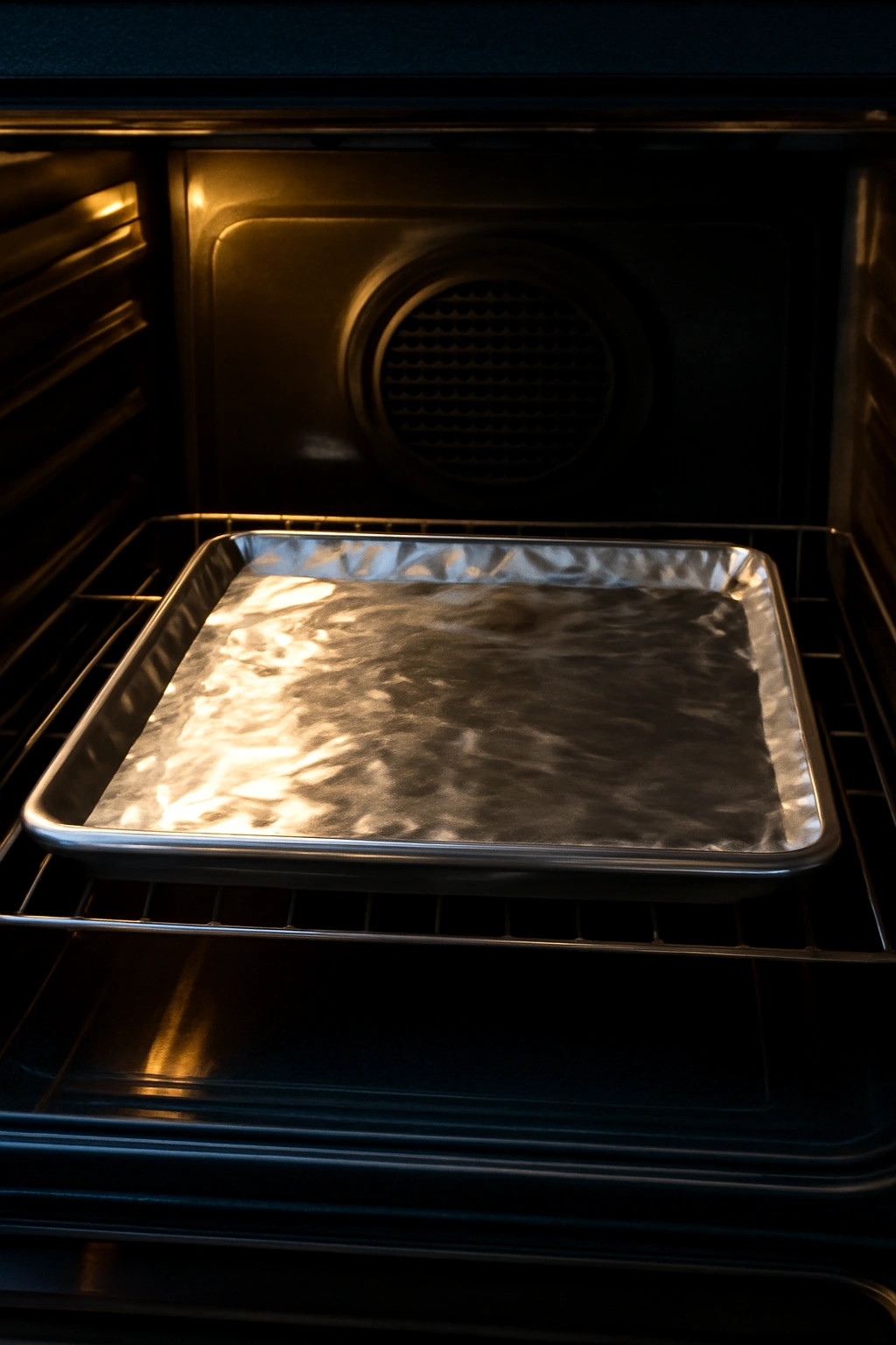 Oven interior with foil-lined baking sheet ready for oven-baked bacon