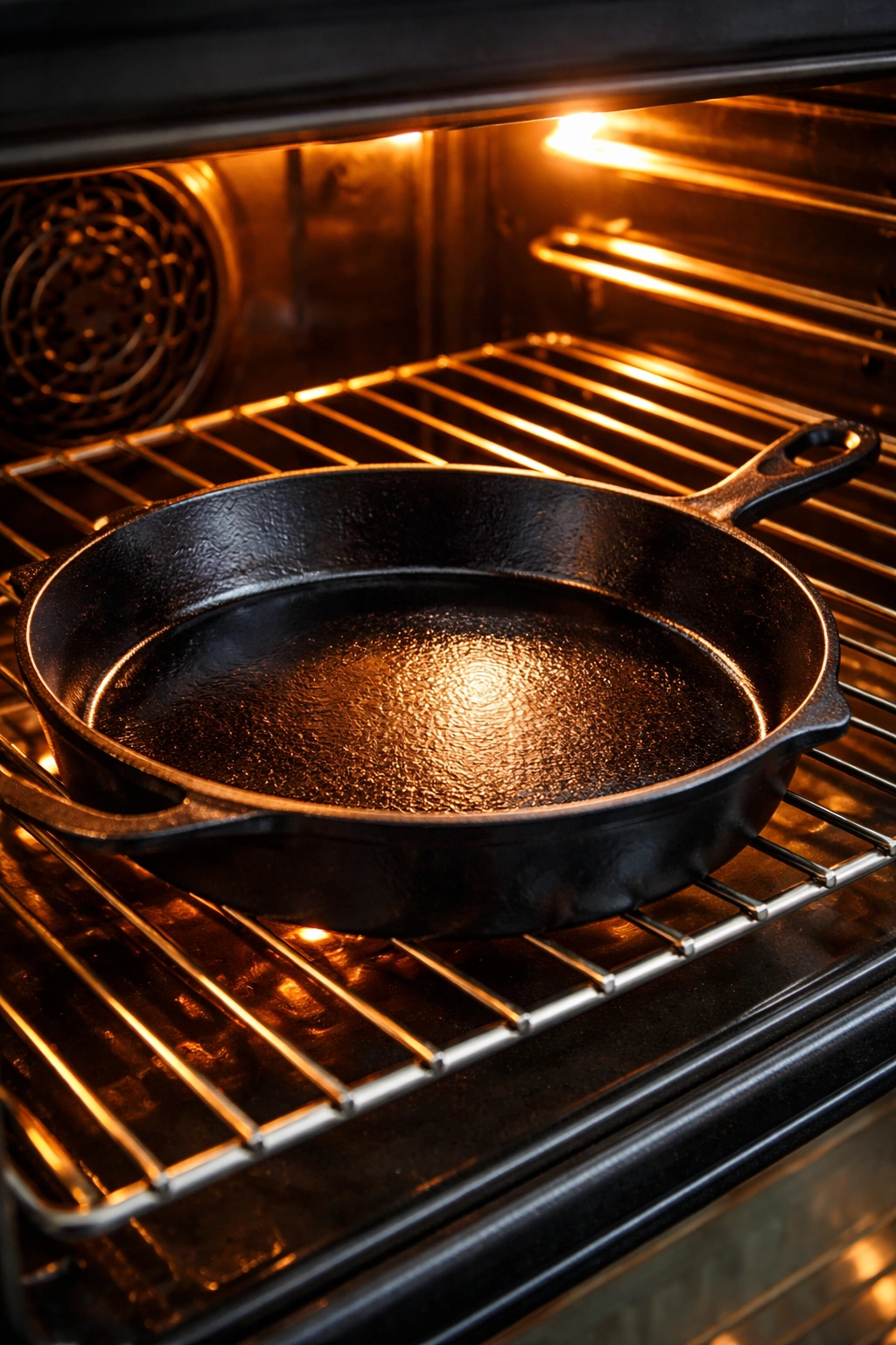 Cast iron skillet inside an illuminated oven with warm glow