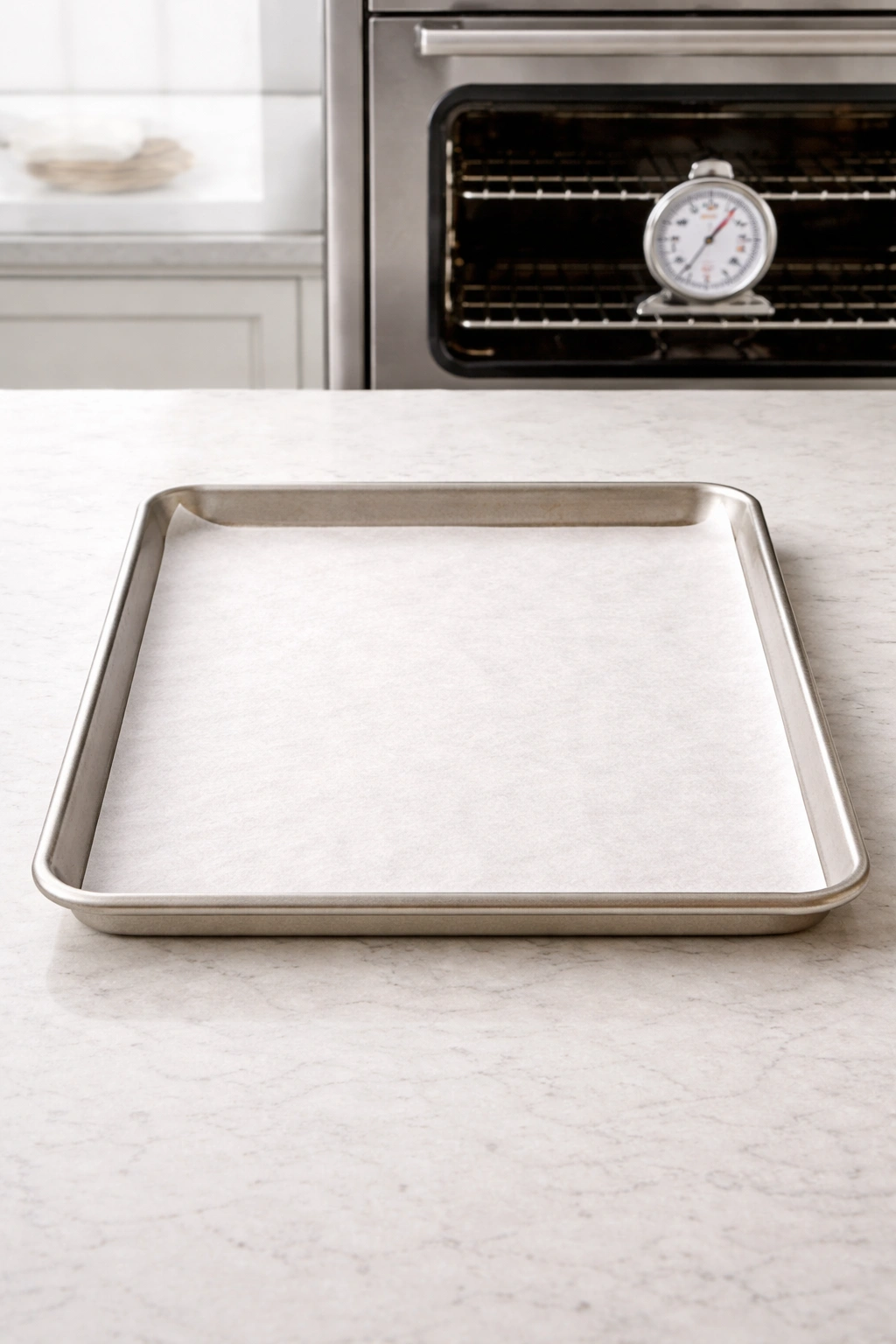Parchment-lined baking sheet with oven thermometer on a counter