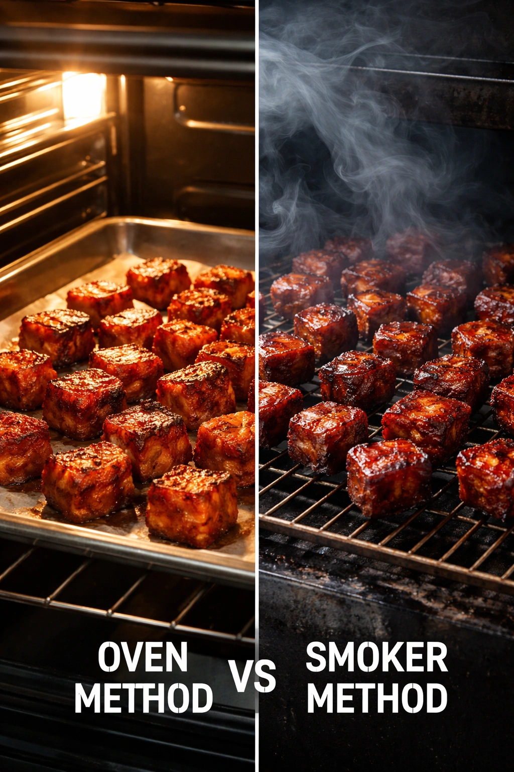 Split-view of oven-baked burnt ends and smoked burnt ends