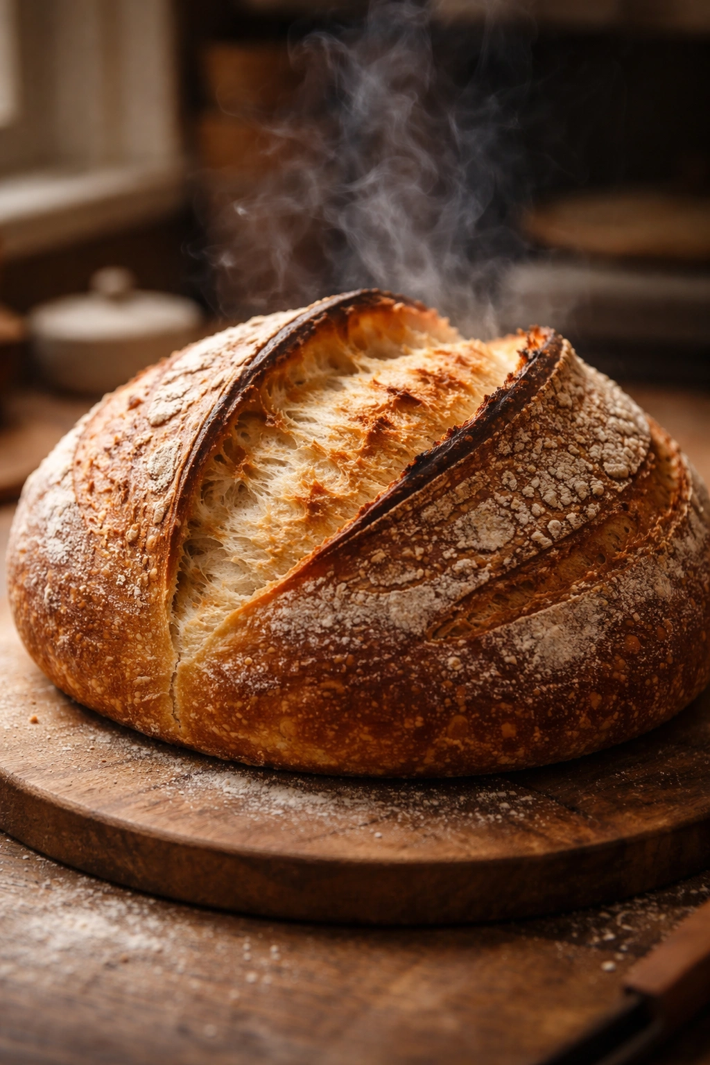 Sourdough boule with pronounced ear and golden crust