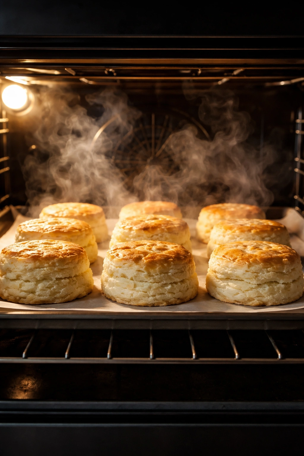 Biscuits baking in a preheated oven with steam and golden tops