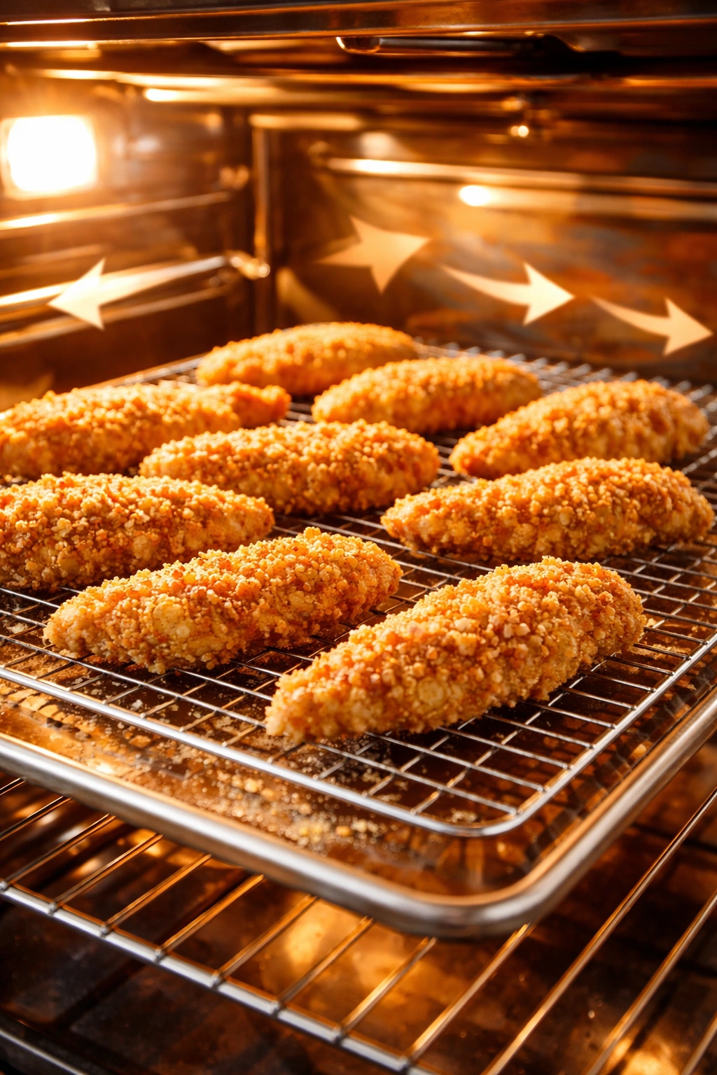 Crispy chicken tenders on a wire rack in an oven-like scene