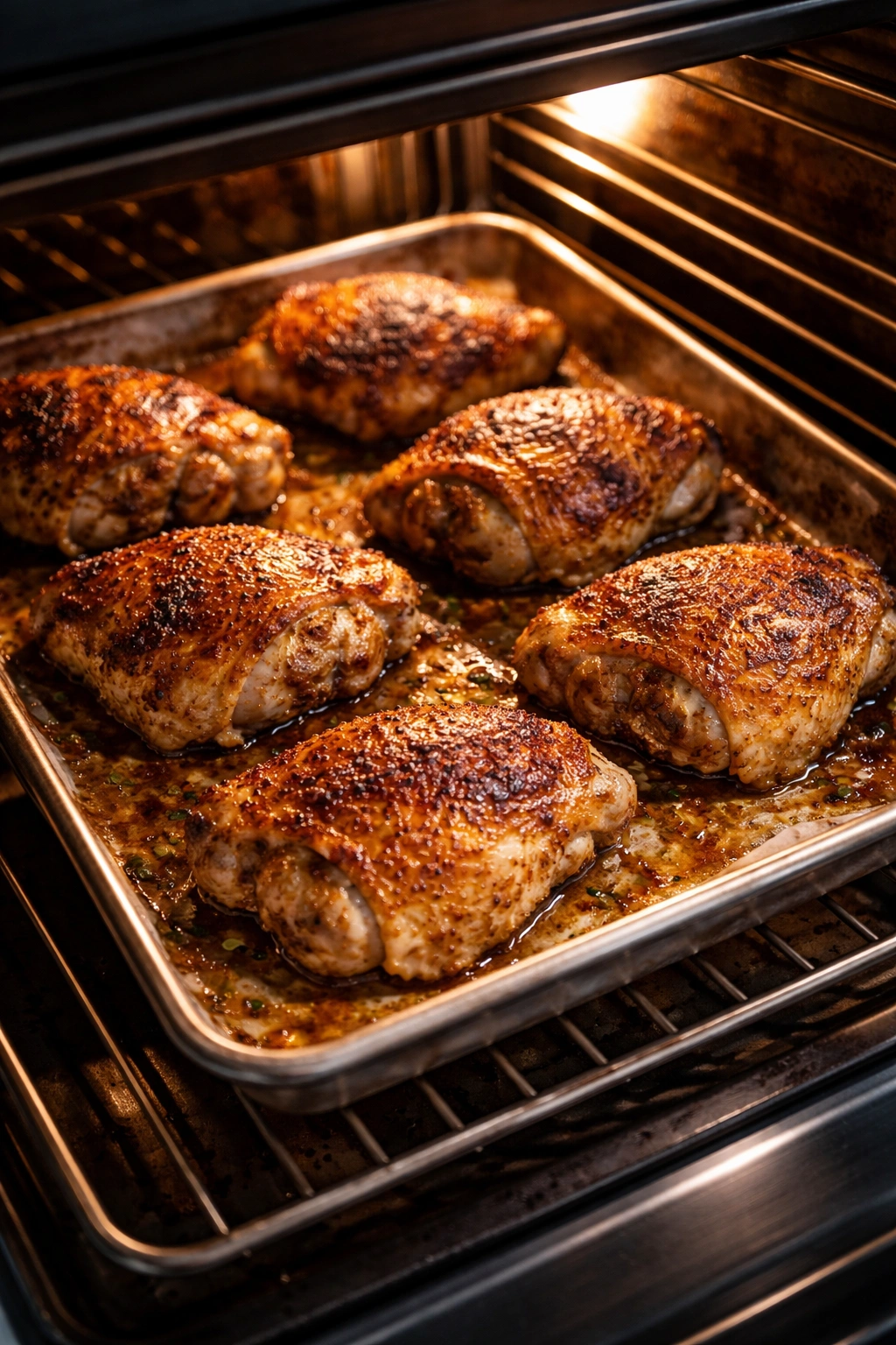 Chicken thighs on baking sheet in oven with golden light
