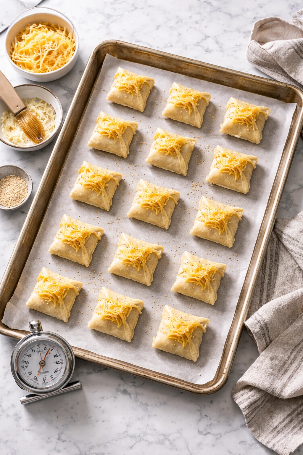 Oven thermometer beside a tray of puff pastry bites