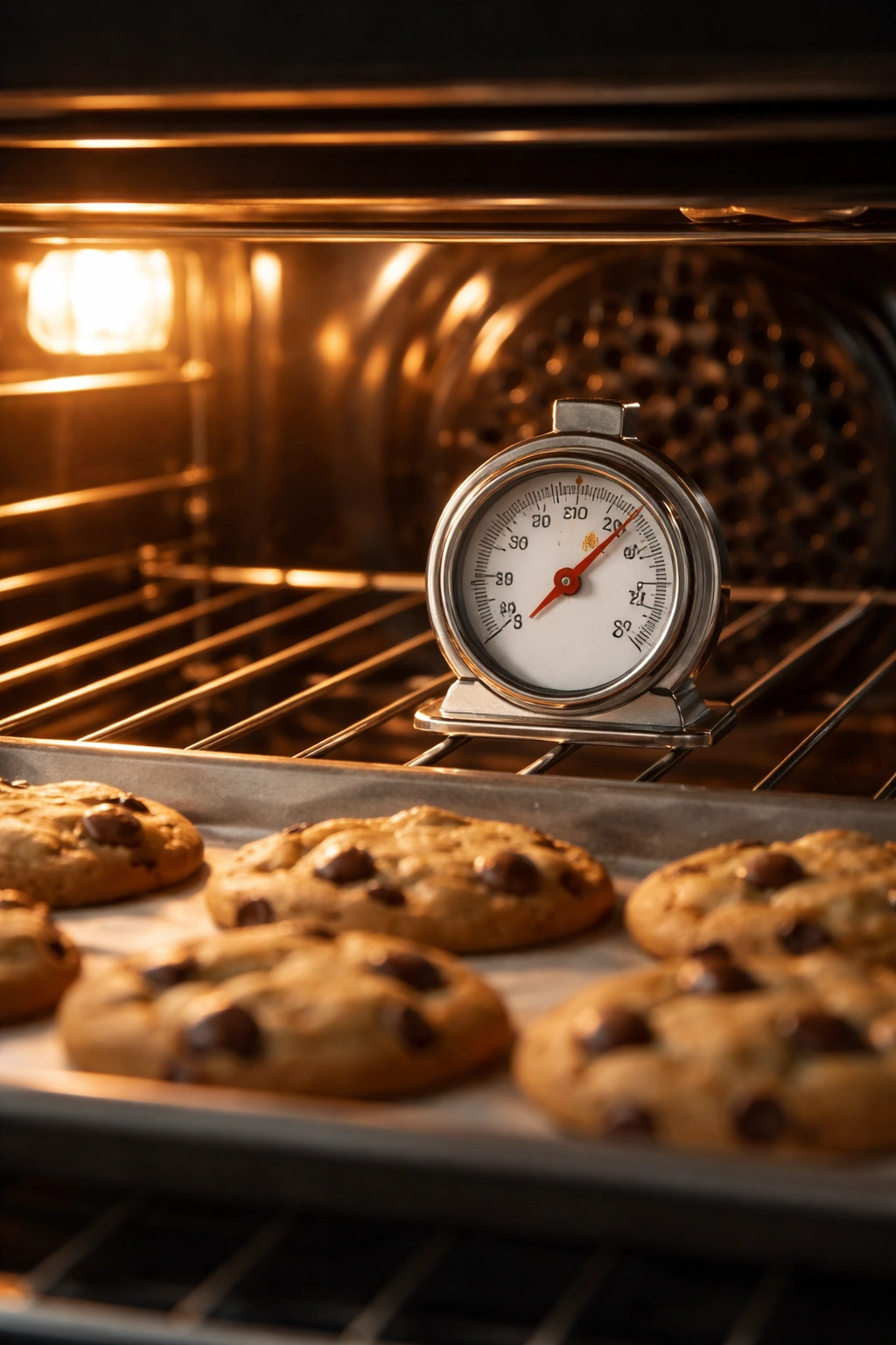 Oven thermometer mounted in the oven showing true temperature, digits not legible.